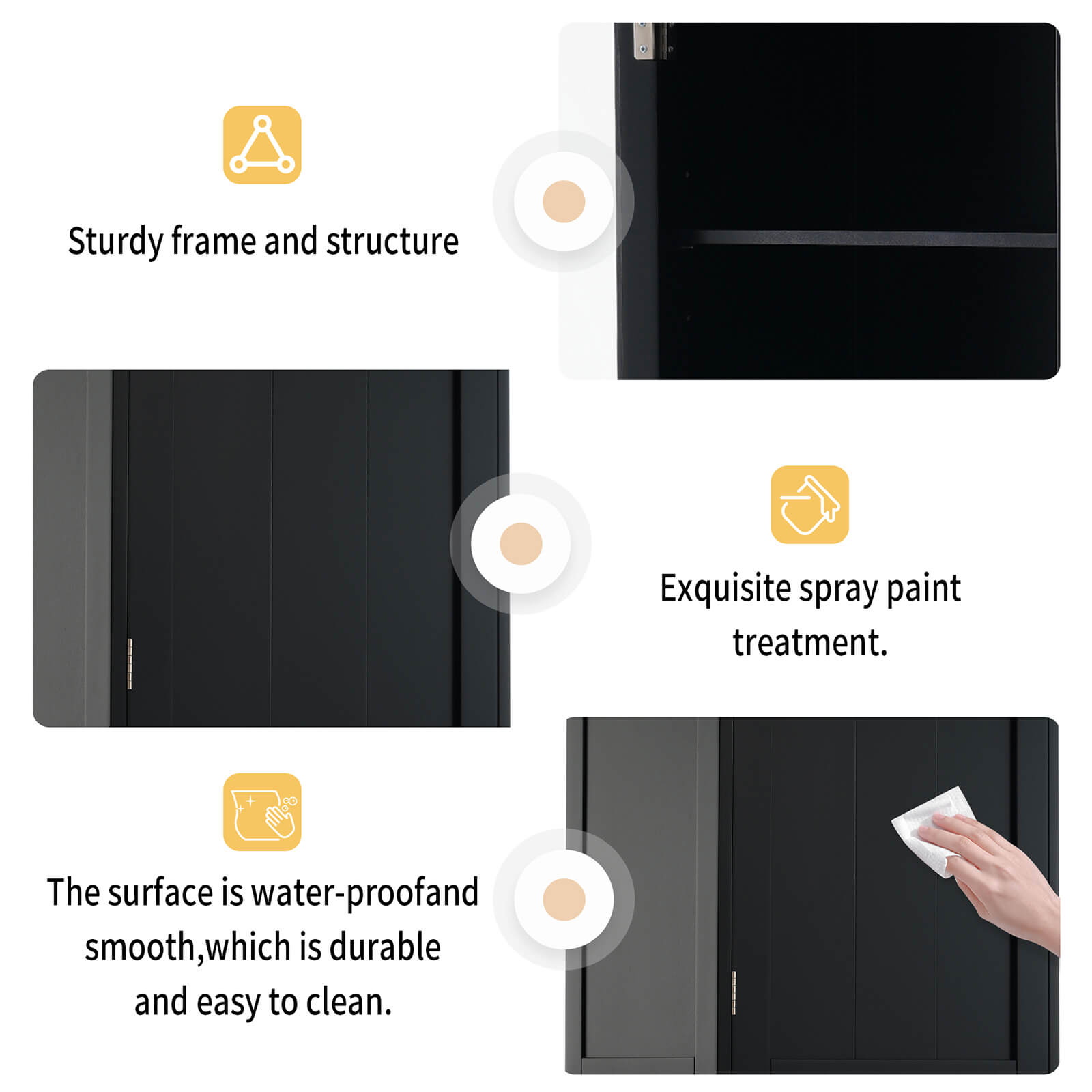 Detail showing the clean surface of a 63 inch tall black freestanding linen cabinet