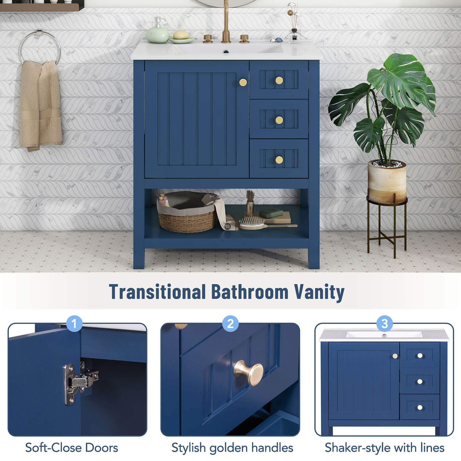 Details of a 30 inch navy blue freestanding bathroom vanity with open shelves