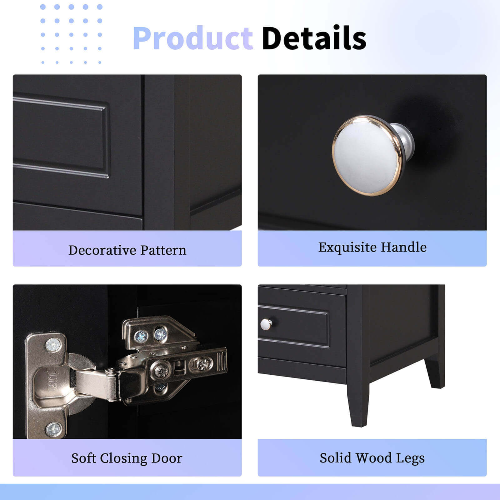 Details of the 20-inch black bathroom vanity with clear glass door