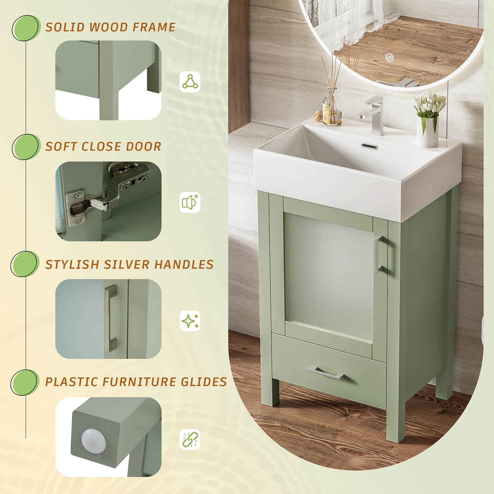 Details of the 20-inch green dresser with frosted glass door