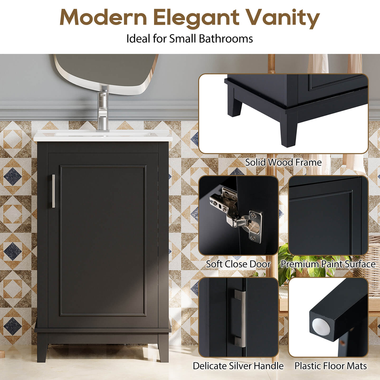 Details of the 20 inch black single door bathroom vanity