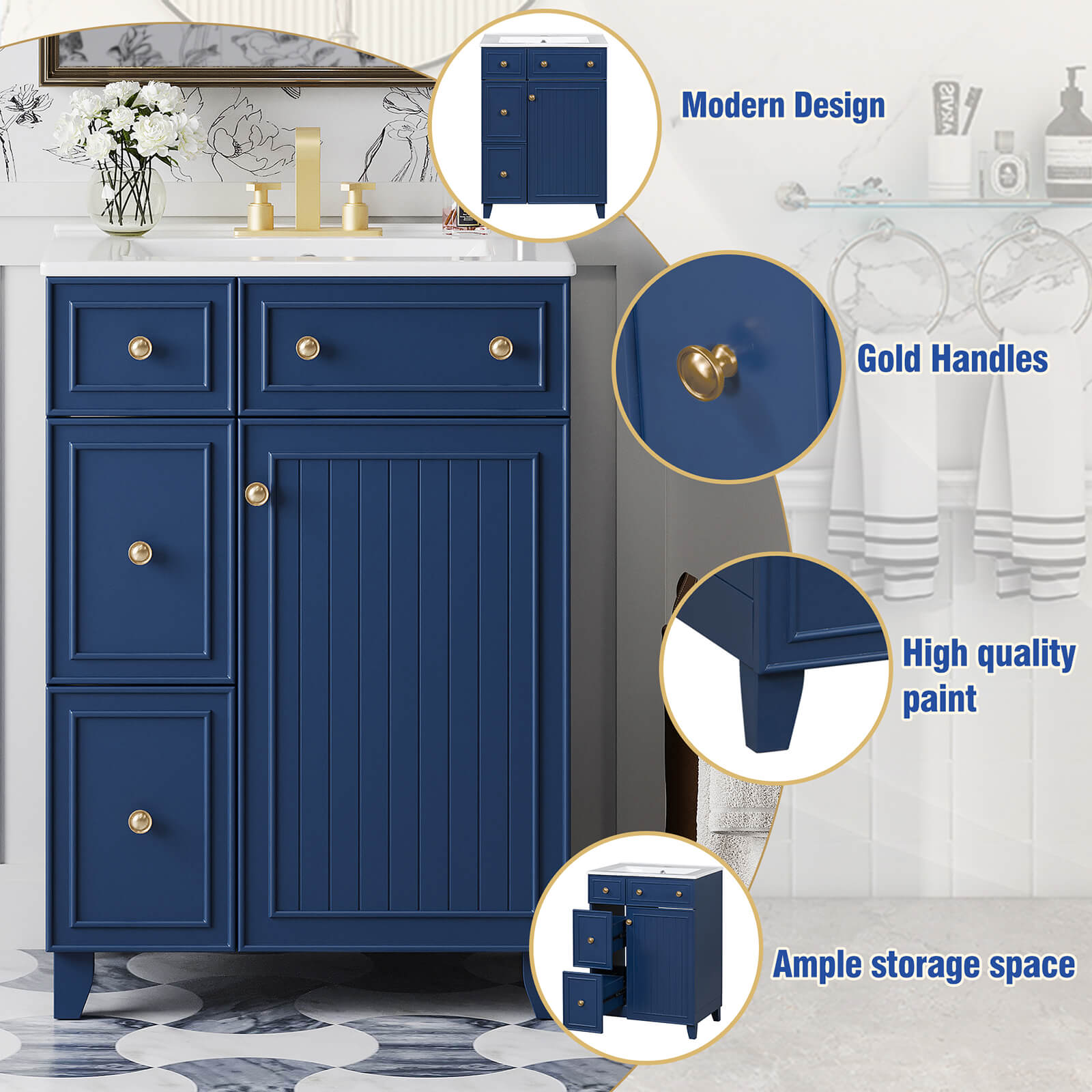 Details of the 24 inch Small Navy Blue Bathroom Vanity with 2 Drawers