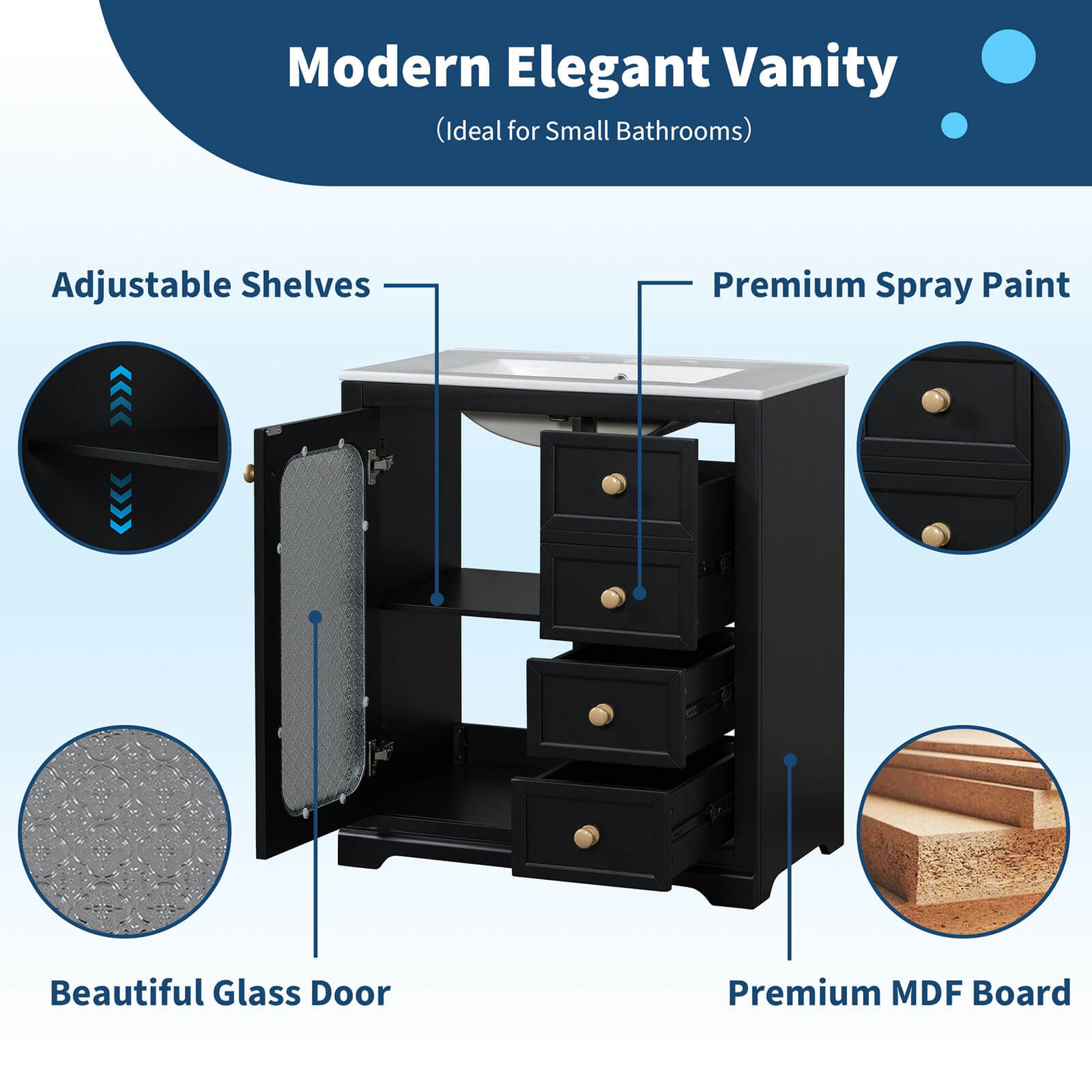 Details of the 30 inch black bathroom vanity with frosted glass door
