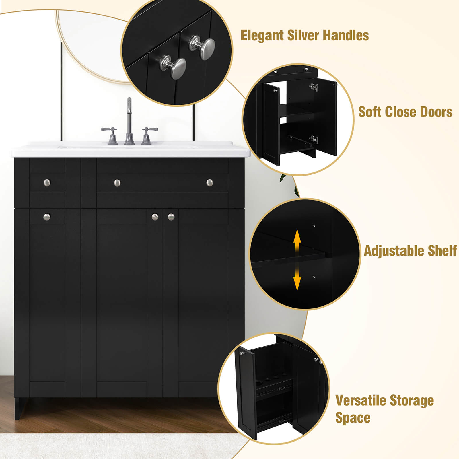 Details of the 30 inch black bathroom vanity with soft-close door design
