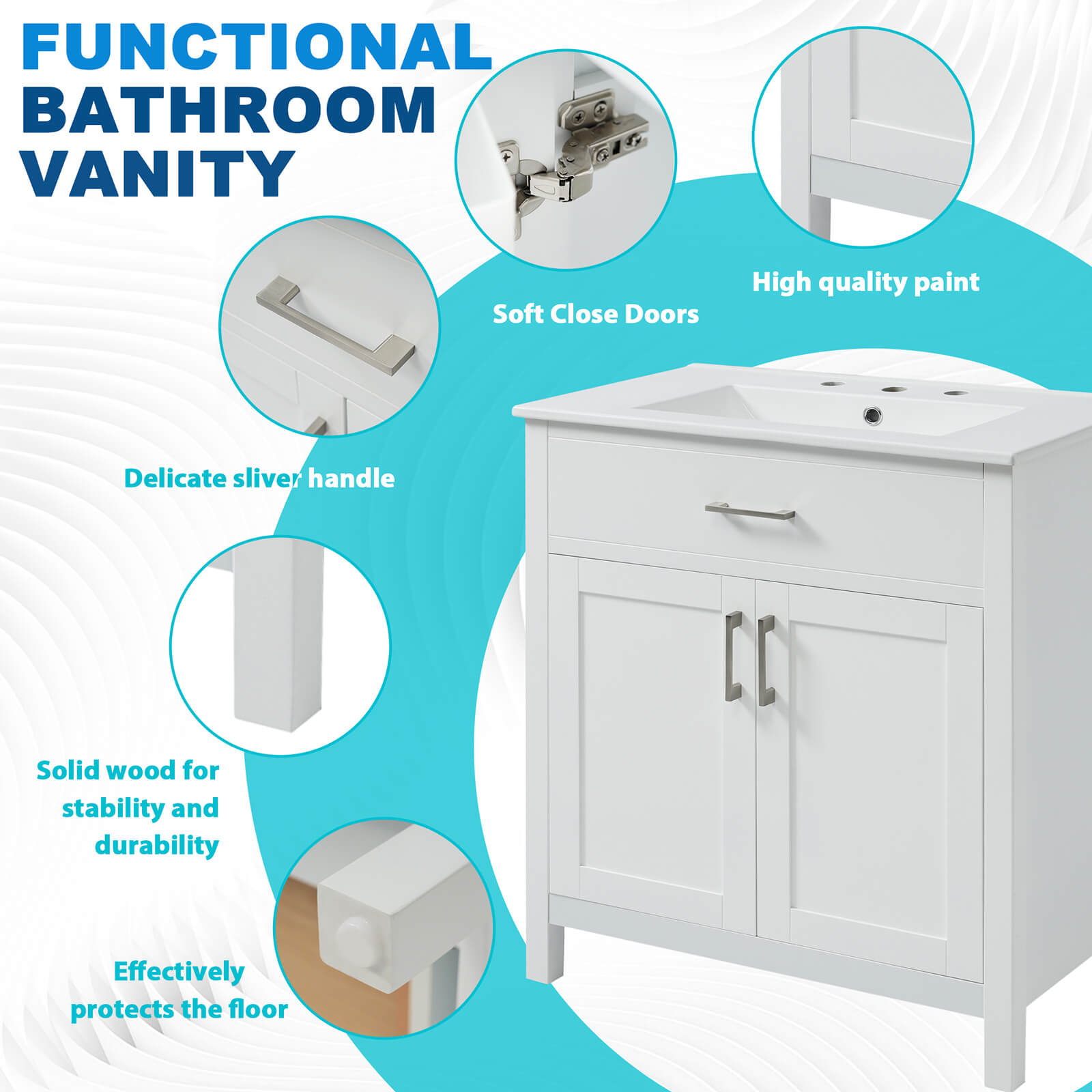 Details of the 30 inch modern white silk finish freestanding dressing table