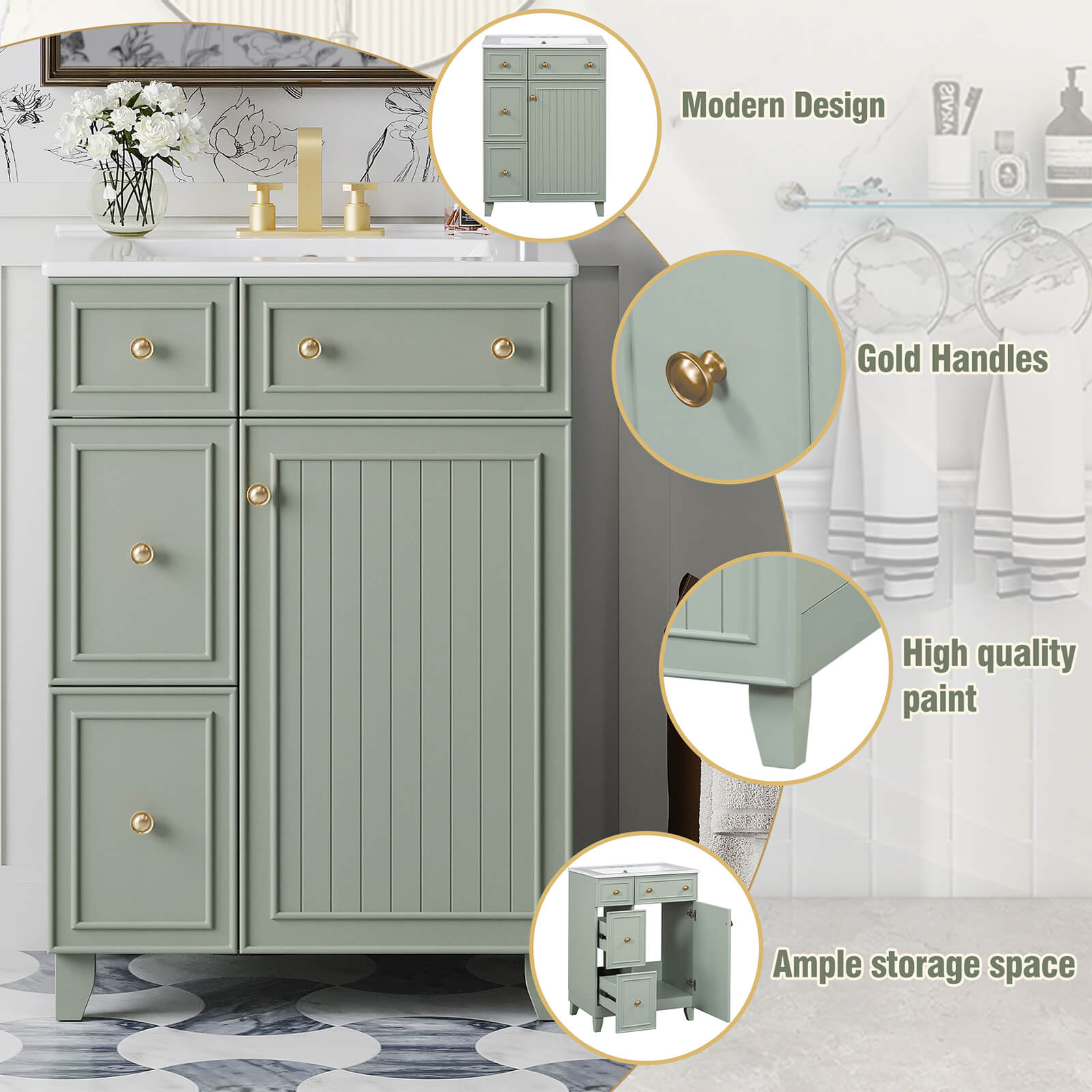 Details of the various parts of the 24-inch small light gray green bathroom vanity