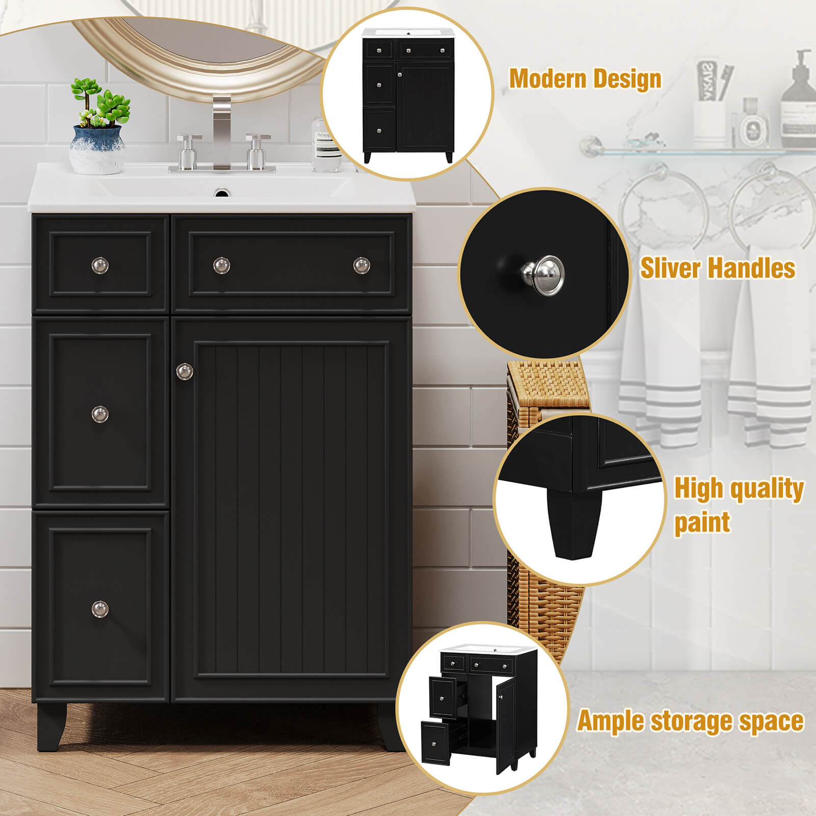 Details of the various parts of the 24 inch small black bathroom vanity with 2 drawers