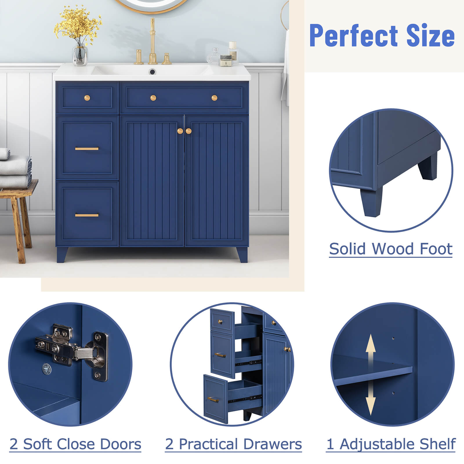 Details of the various parts of the 36 inch navy blue bathroom vanity with adjustable shelves