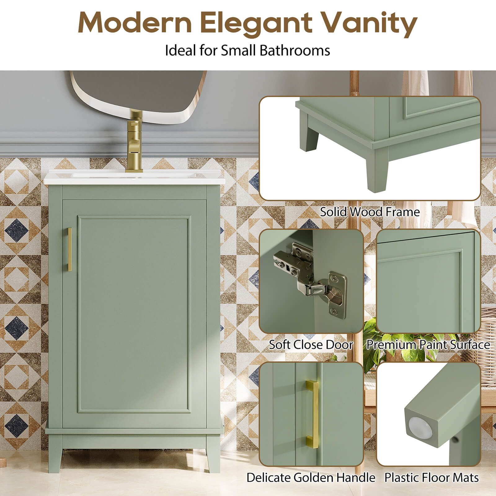 Details of the various positions of the 20-inch gray green single door bathroom vanity