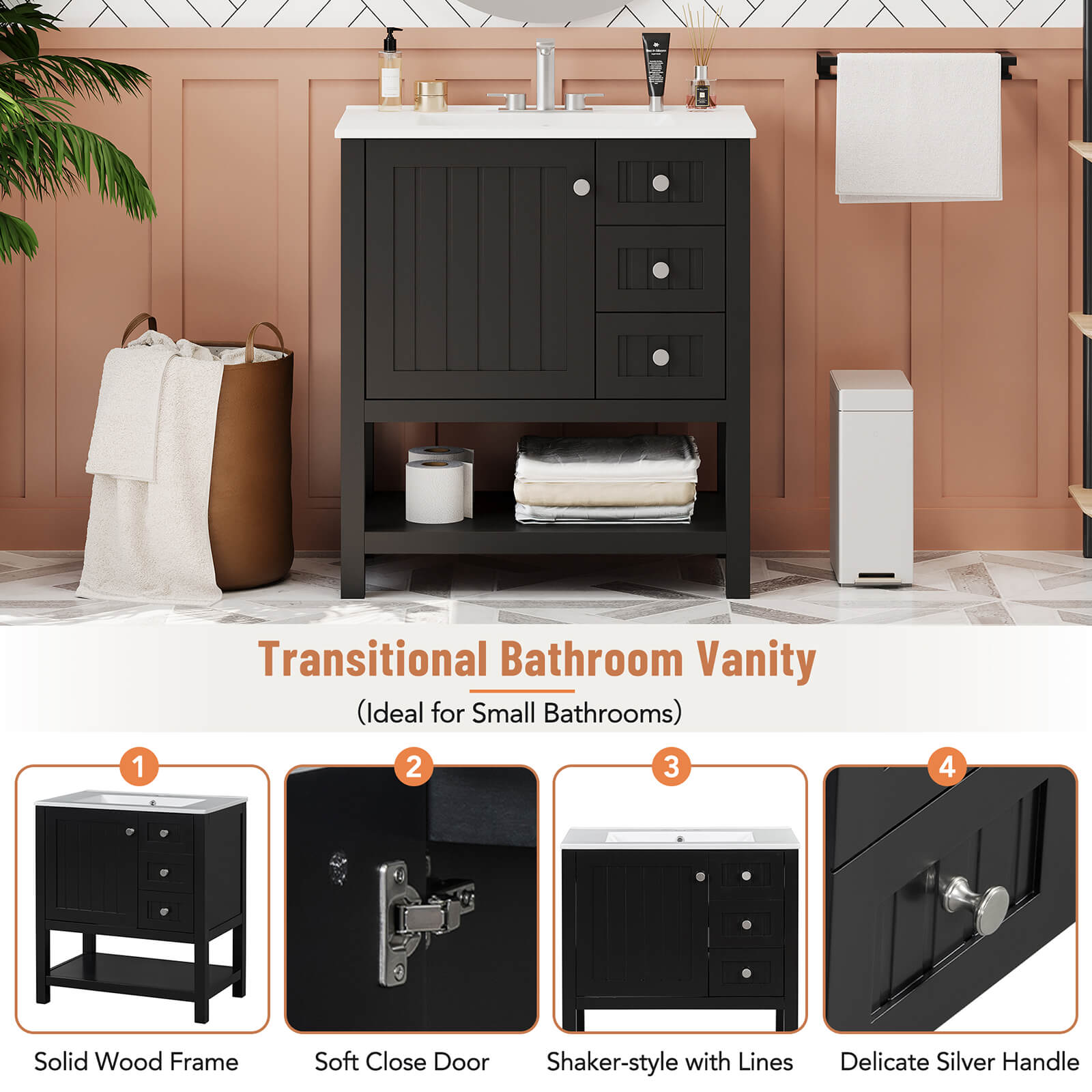 Details of the various sections of a 30 inch black freestanding bathroom vanity with open shelves