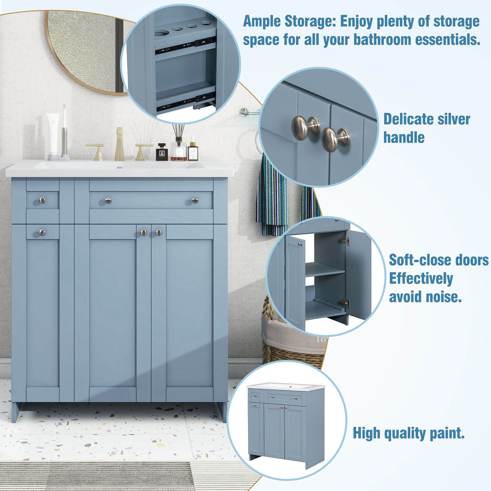Details of various locations of a 30 inch blue-gray bathroom vanity with soft-close door