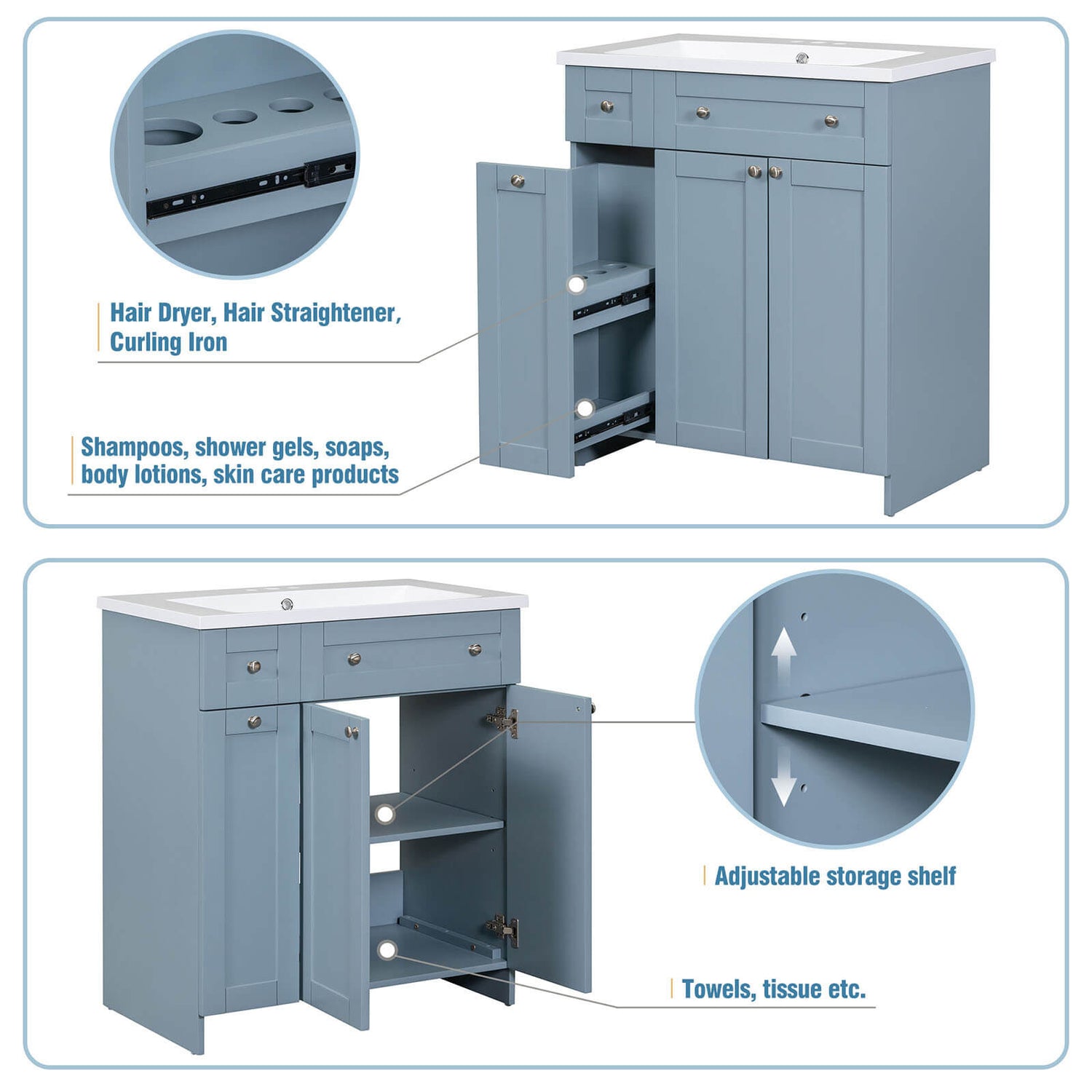 Diagram of storage locations for a 30 inch blue-gray bathroom vanity with soft-close door