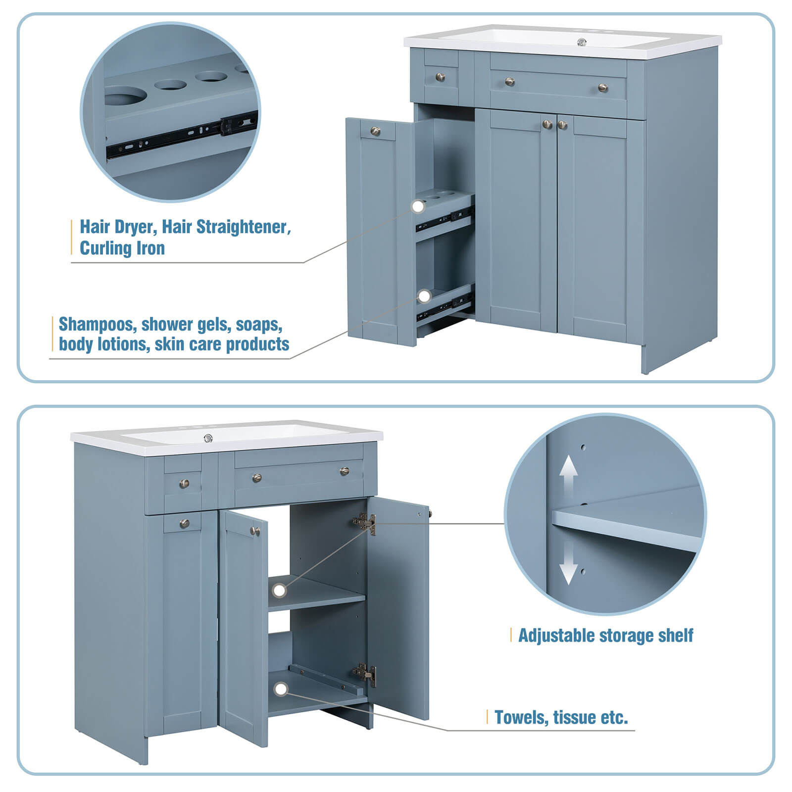 Diagram of storage locations for a 30 inch blue-gray bathroom vanity with soft-close door