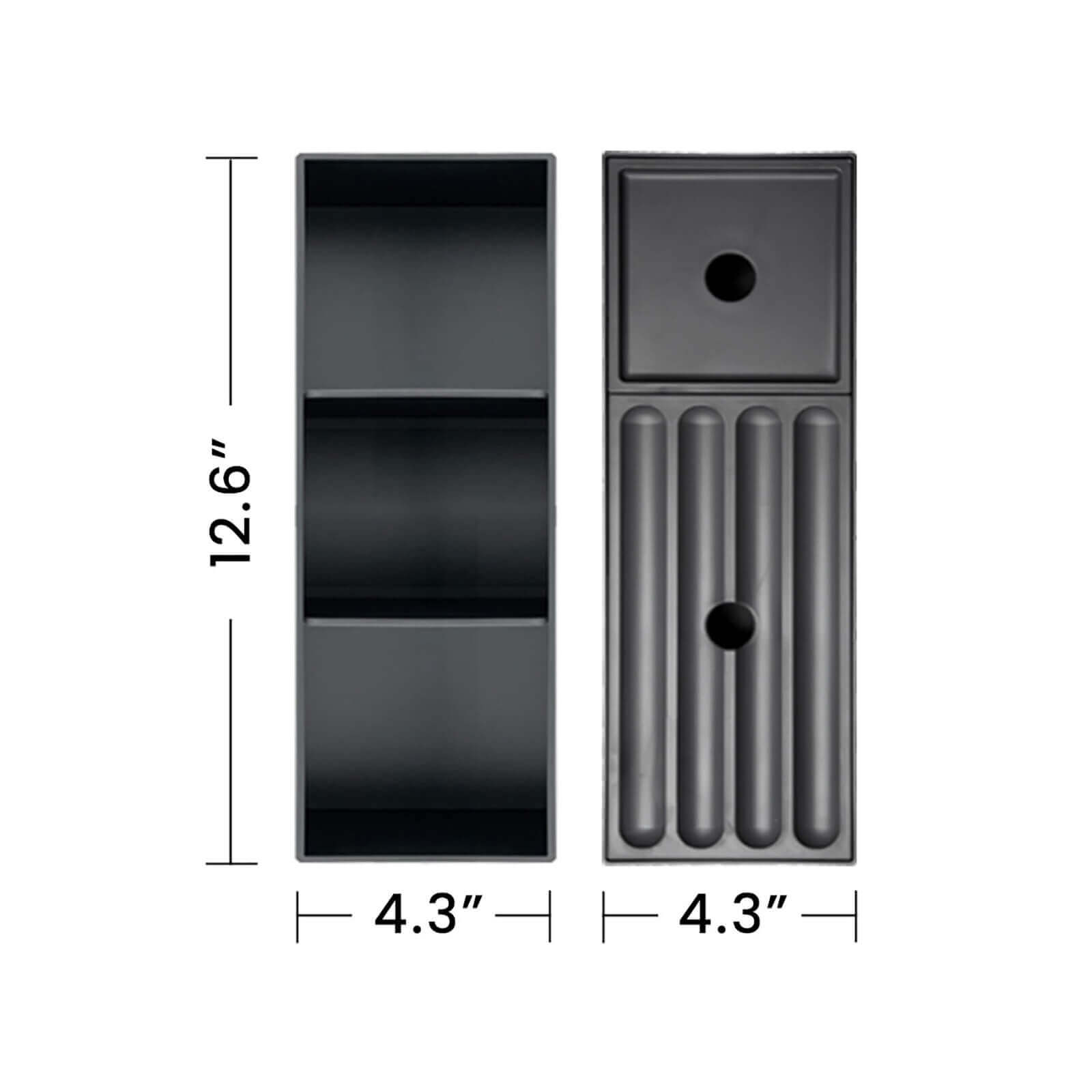 Diagram of the dimensions of the interior drawers of a 24 inch striped white oak bathroom vanity with a ceramic sink