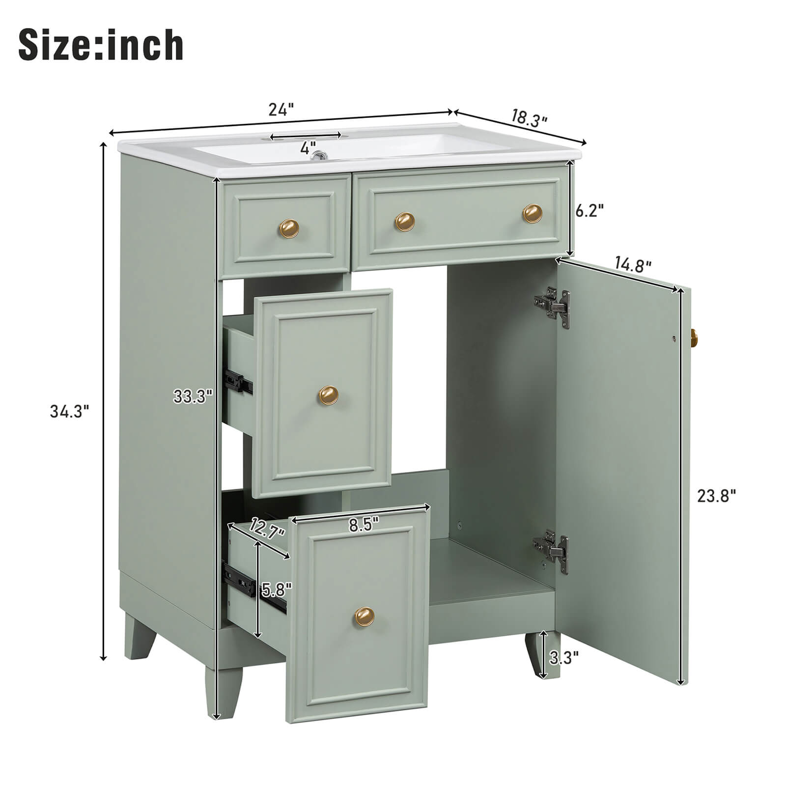 Diagram of the overall dimensions of a 24-inch small size light gray green bathroom vanity