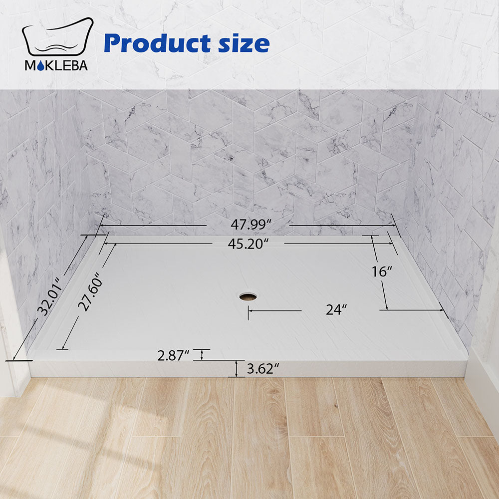 Dimensional diagram of 48x32 inch white shower base with center drain