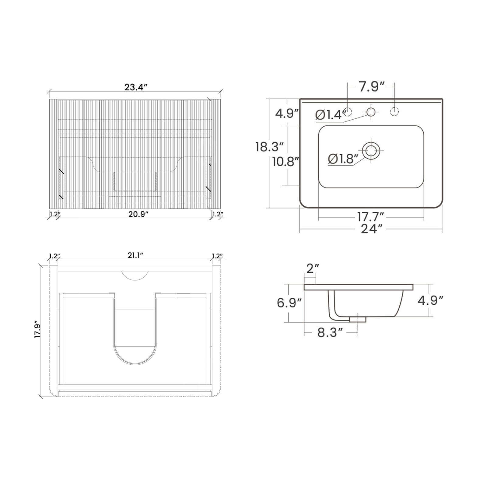 Dimensional outline drawing of a 24 inch striped white oak bathroom vanity with a ceramic sink