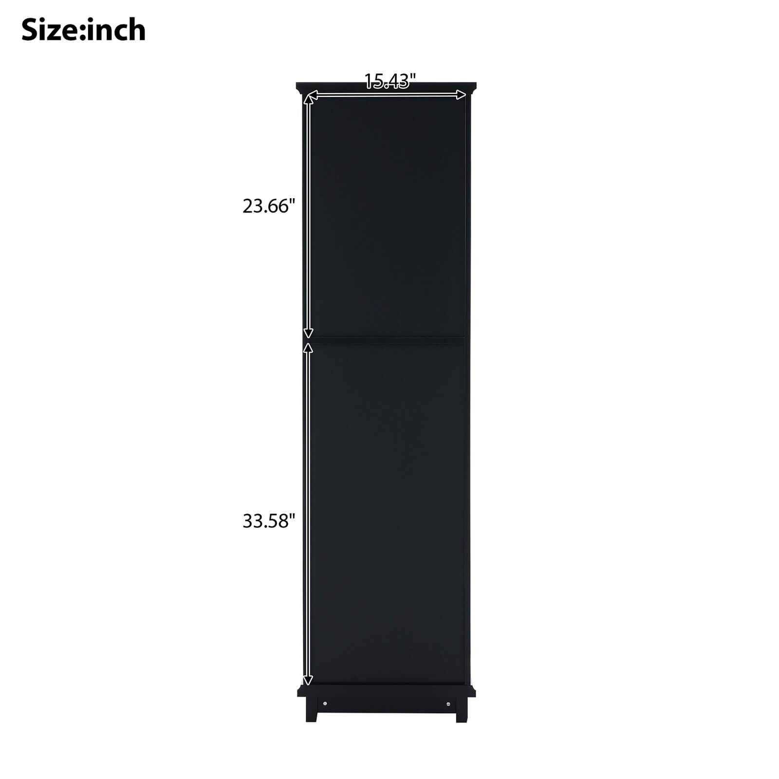 Dimensional outline drawing of a 63 inch tall black freestanding linen cabinet