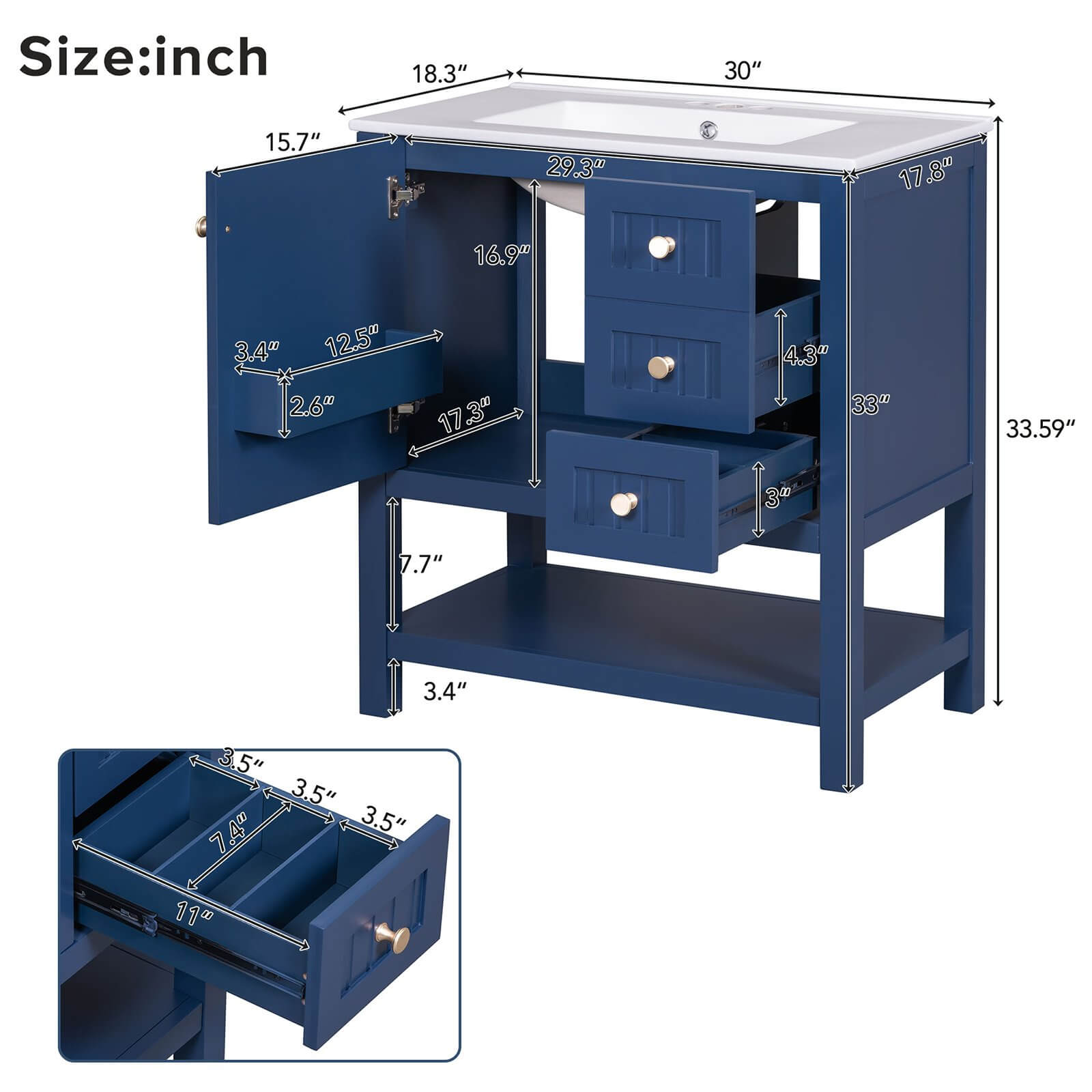 Dimensional outline drawing of a navy blue freestanding bathroom vanity with open shelves 30 inches