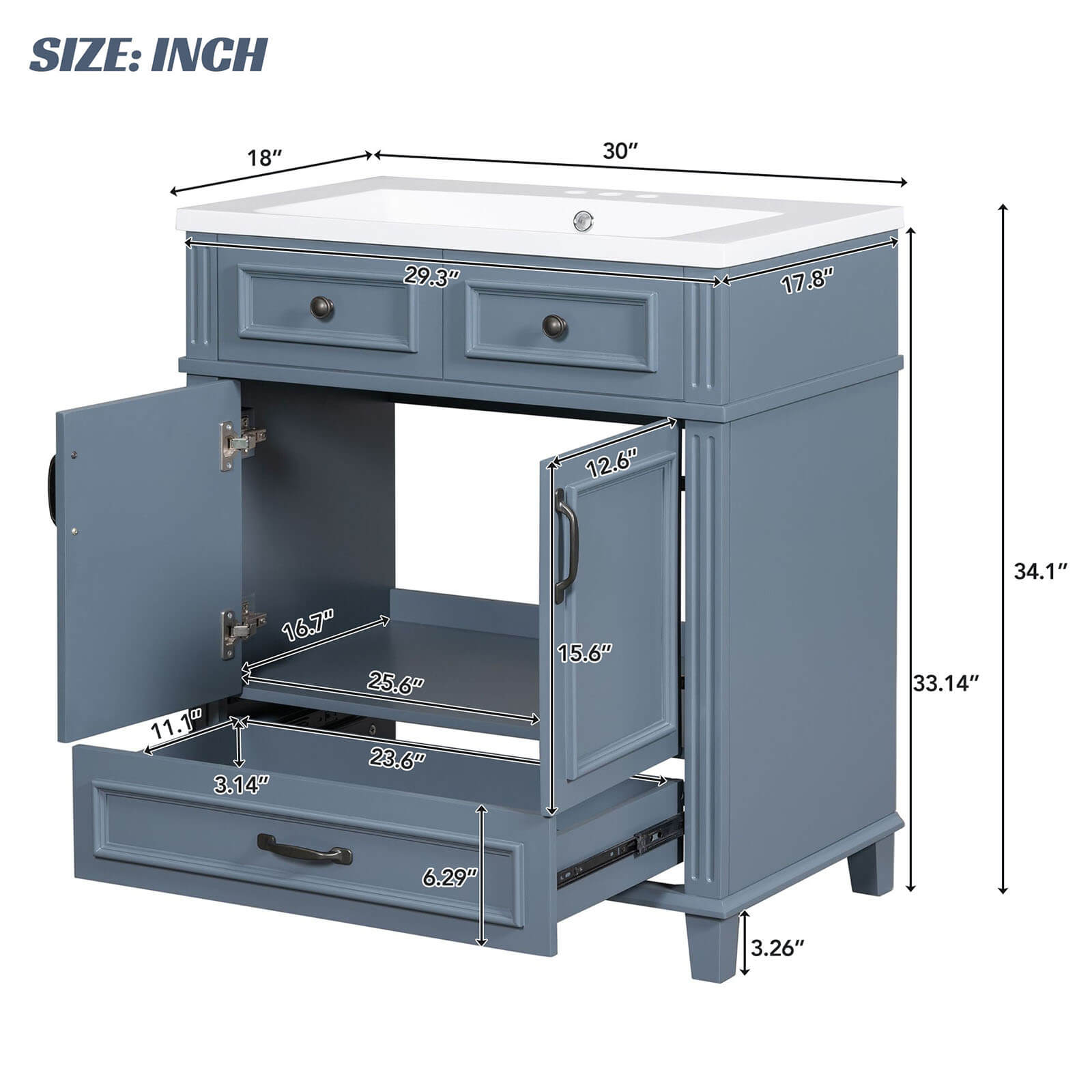 Dimensions Specifications for 30 Inch Blue Grey Single Sink Bathroom Vanity with Bottom Drawer