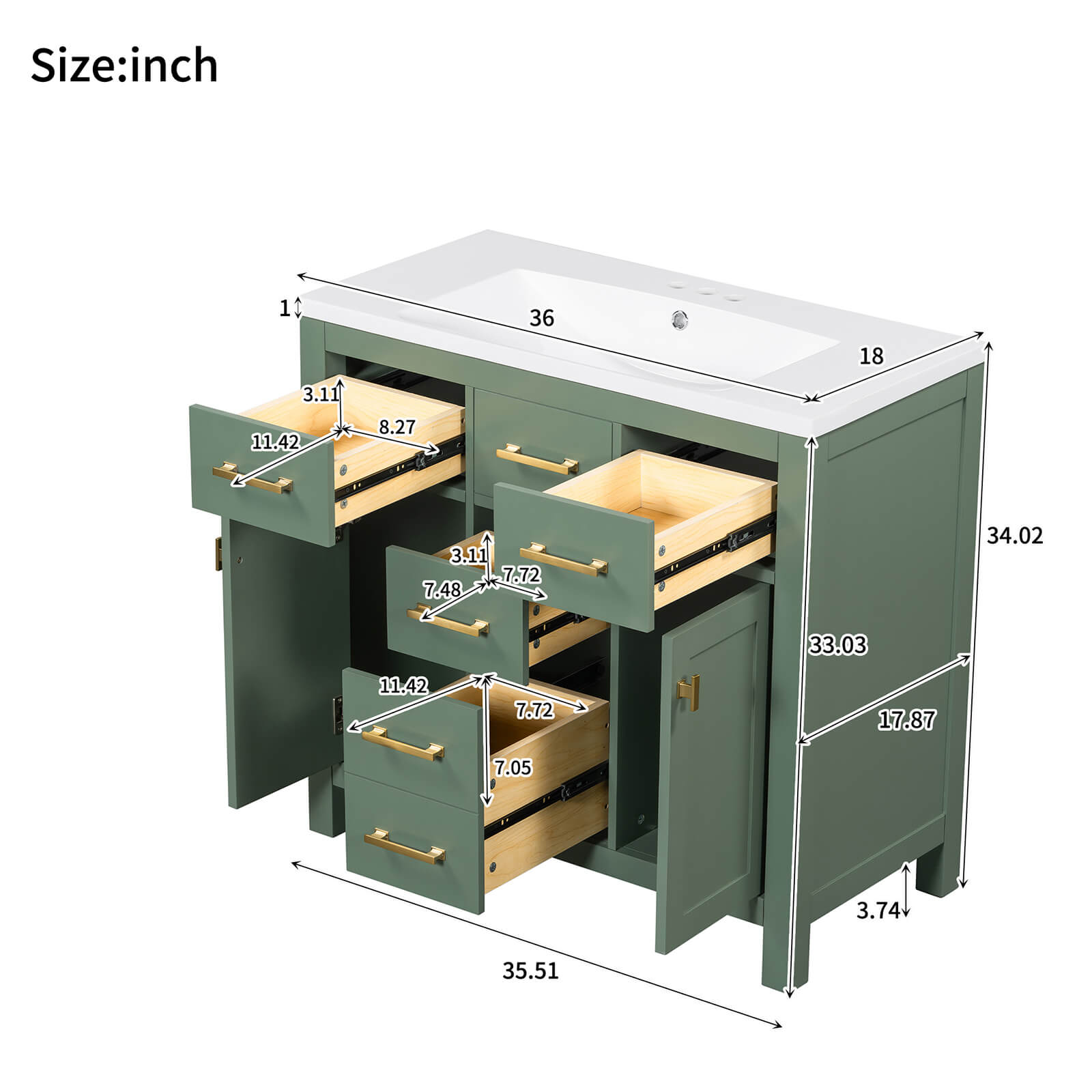 36" Green Bathroom Storage Vanity with 3-Hole Top