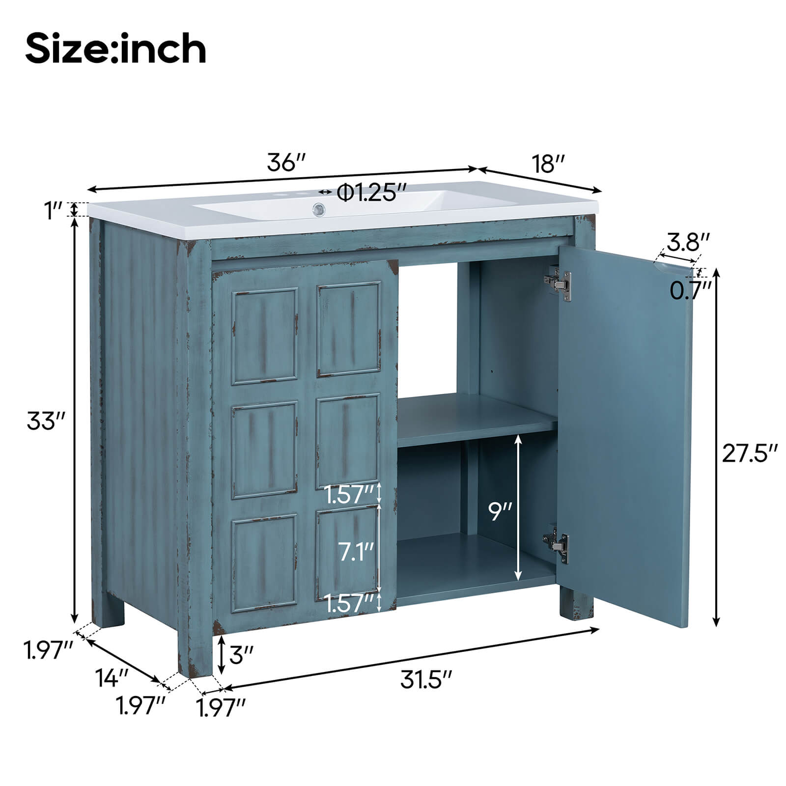 Dimensions of 36 inch Vintage Blue Bathroom Vanity with Grid Patterned Doors