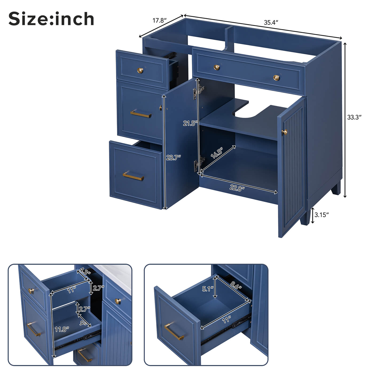 Dimensions Specifications for 36 Inch Navy Blue Bathroom Vanity Cabinet with Adjustable Shelves