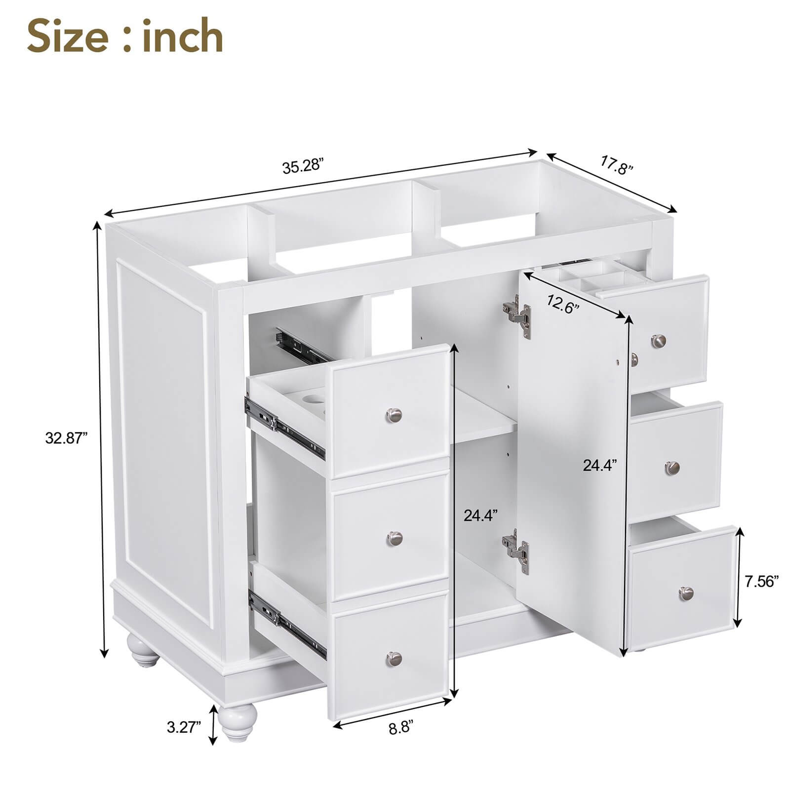 Dimensions and specifications for a white bathroom vanity cabinet with hairdryer storage