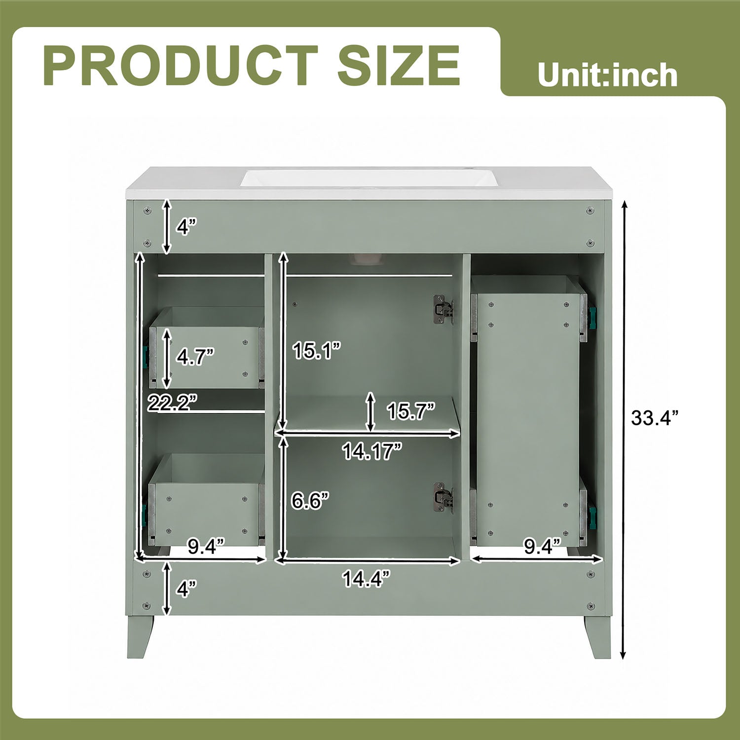 Dimensions and specifications for the back of the 36-inch green solid wood bathroom vanity.