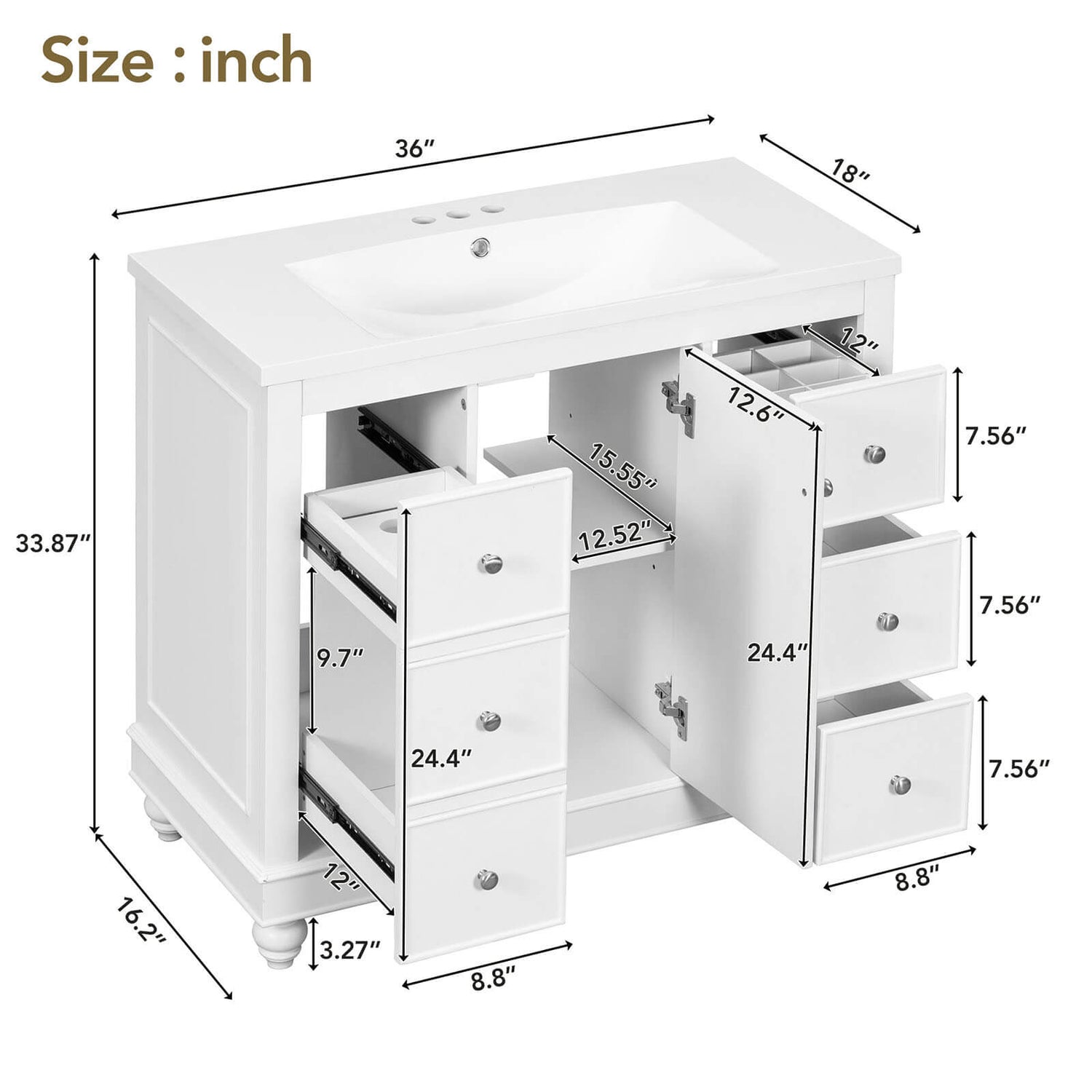 Dimensions and specifications of 36 inch white bathroom vanity with hair dryer storage rack