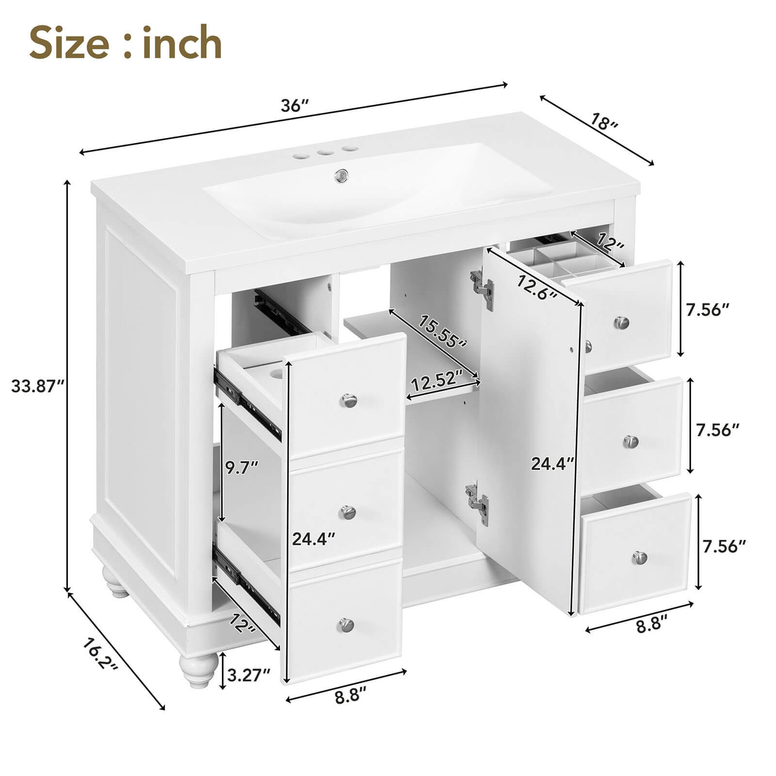 Dimensions and specifications of 36 inch white bathroom vanity with hair dryer storage rack