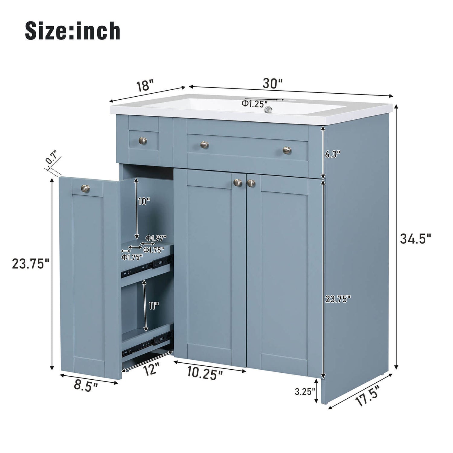 Dimensions of 30 inch Blue Gray Bathroom Vanity with Soft Close Door