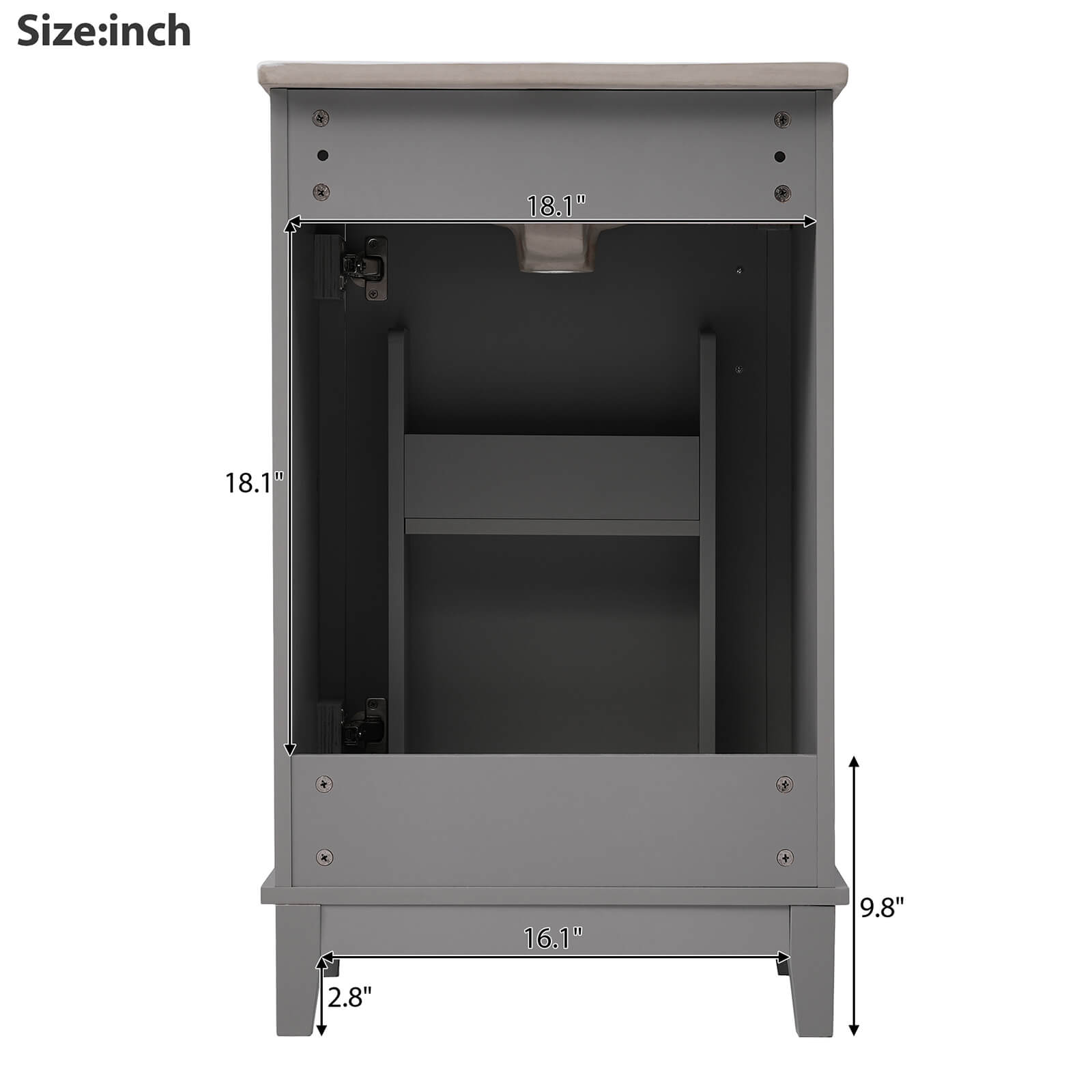 Dimensions of the back of a 20 inch gray single door bathroom vanity