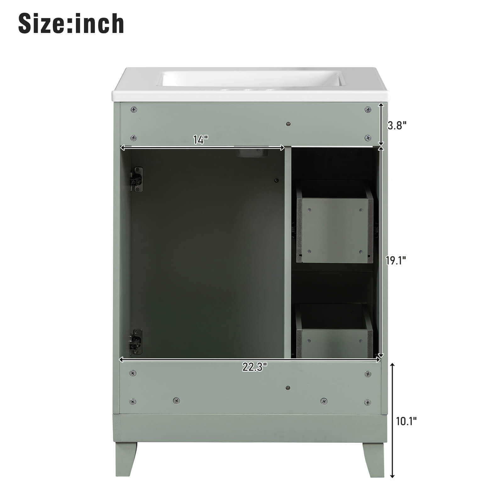 Dimensions of the back of a 24 inch small size light grey green bathroom vanity