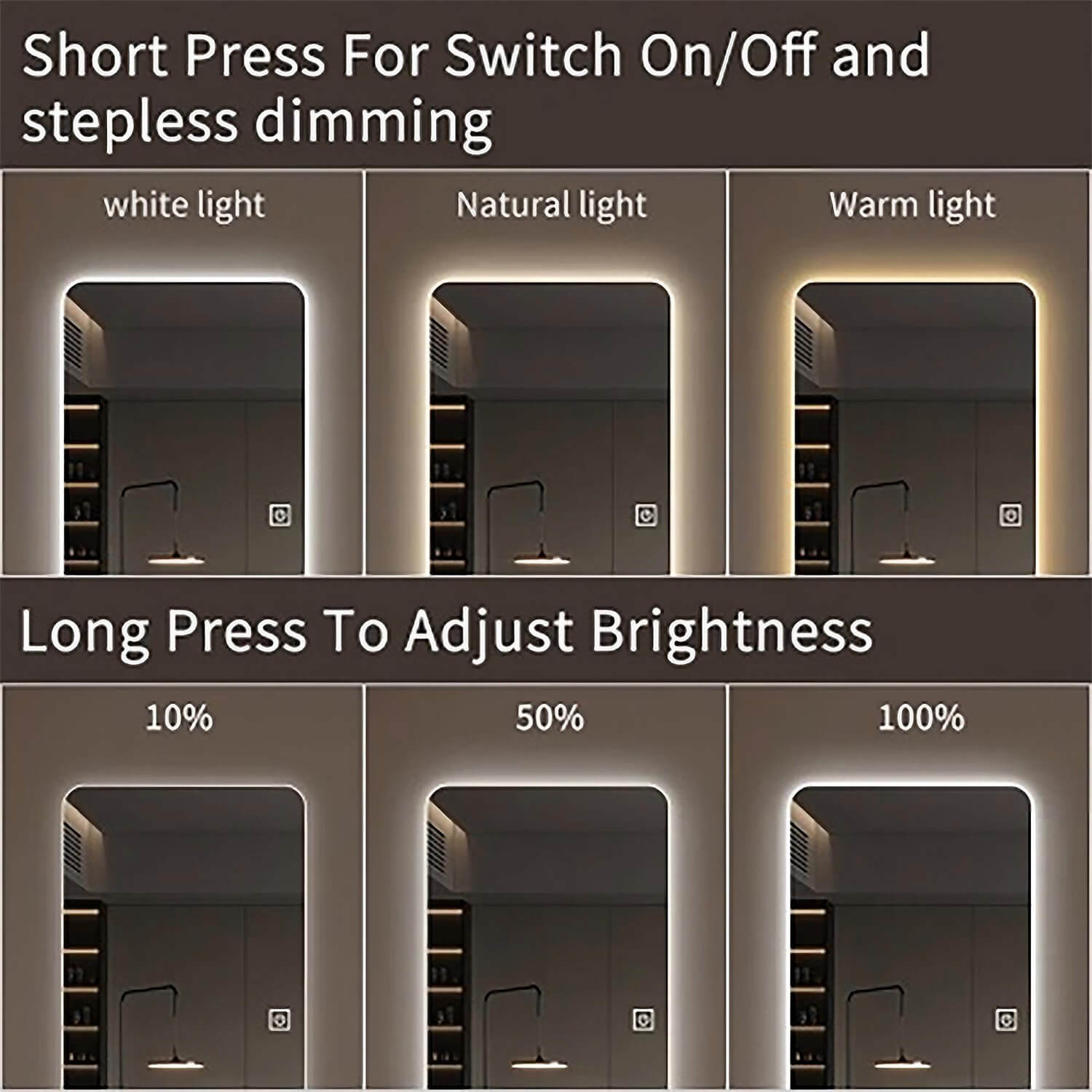 Dimmable LED full length mirror with 3 color light modes