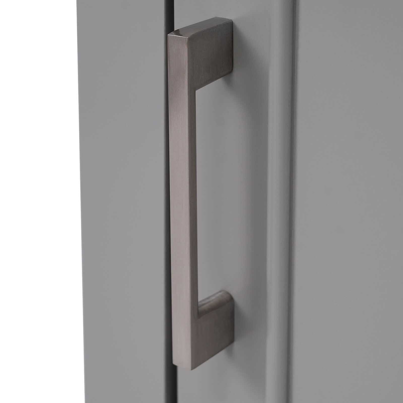 Door handle detail for a 20 inch grey single door bathroom vanity