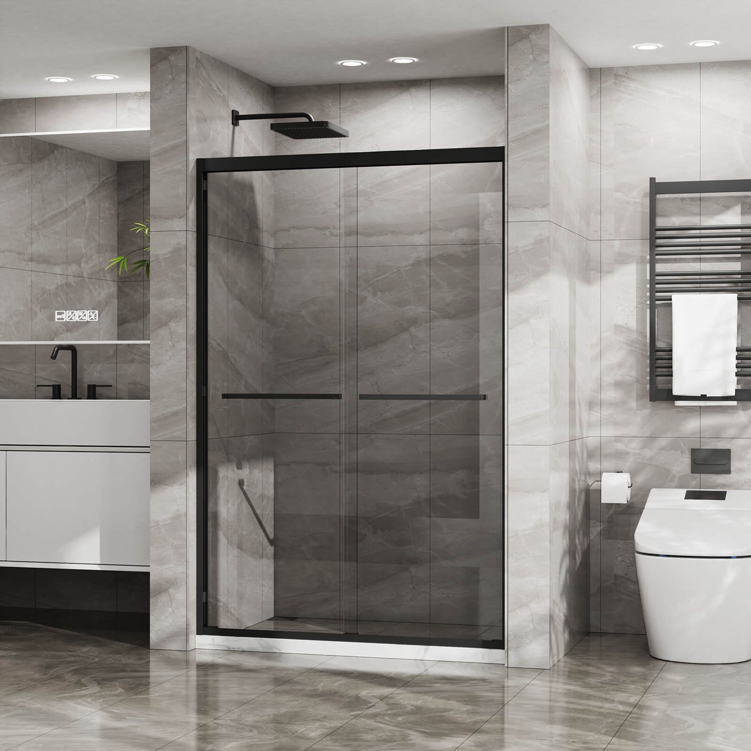 Double sliding glass shower door with aluminum frame