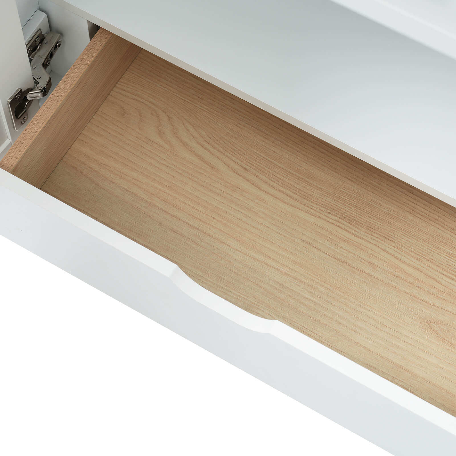 Drawer detail display of a 30 inch modern white silk finish freestanding dresser