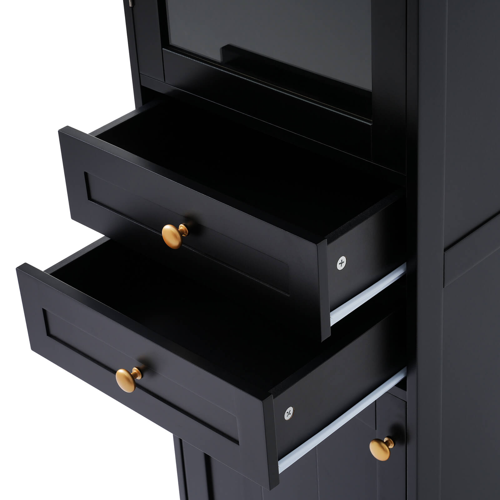 Drawer detail of a 63 inch tall black freestanding linen cabinet