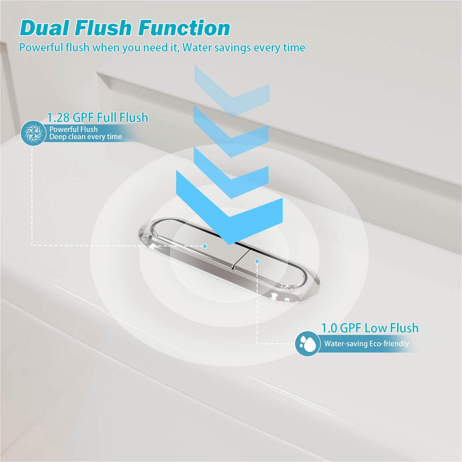 Dual flush toilet showing 1.0 GPF and 1.28 GPF buttons