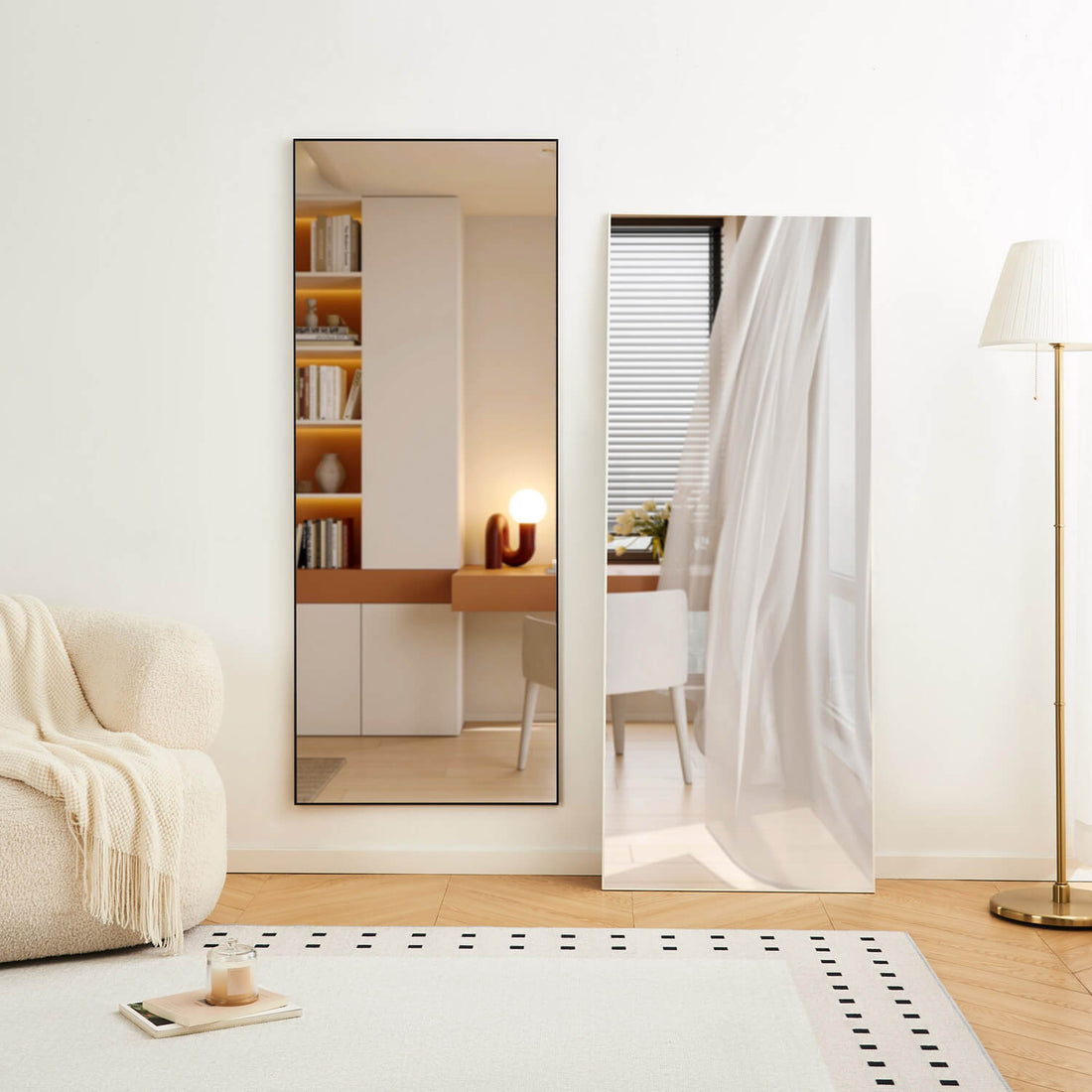 Dual full length mirrors for modern living room wall decor