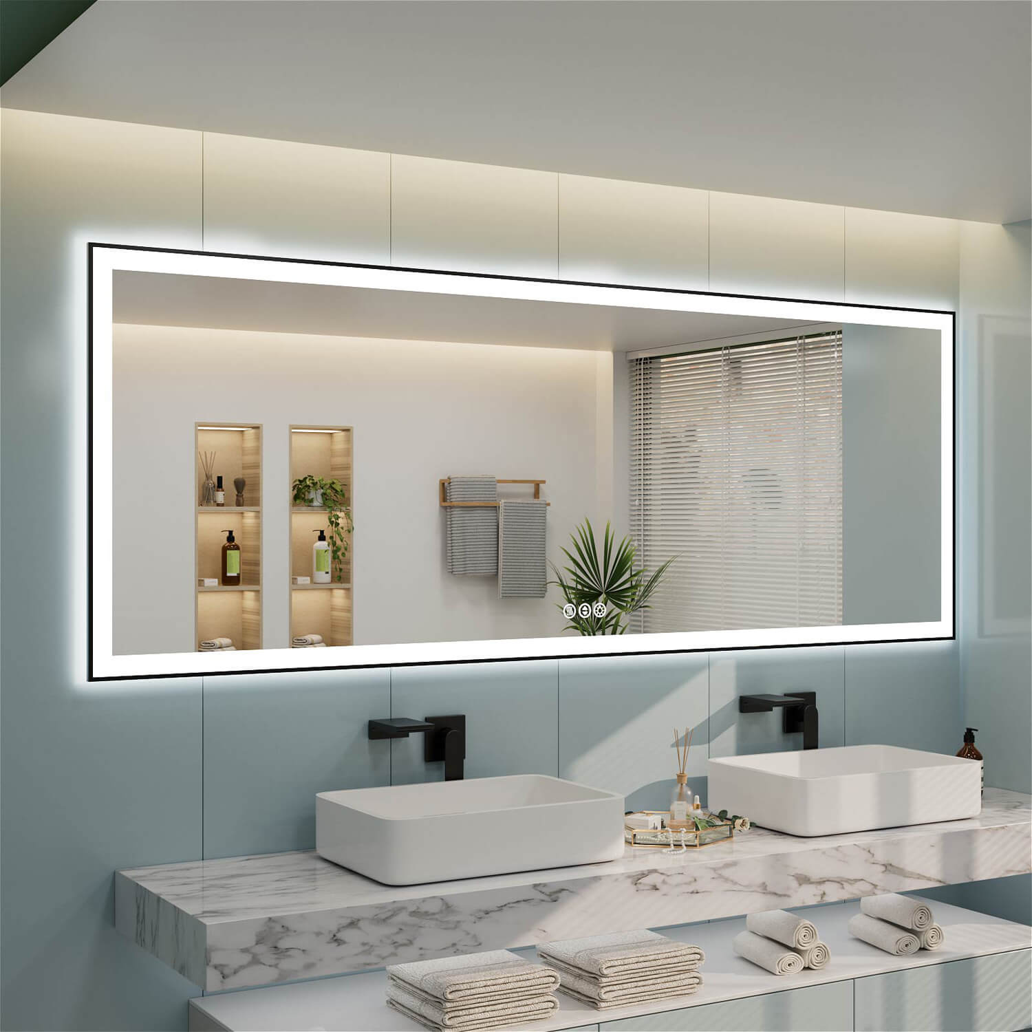 Dual sink rectangular LED bathroom mirror with reflective surface showing blinds and greenery
