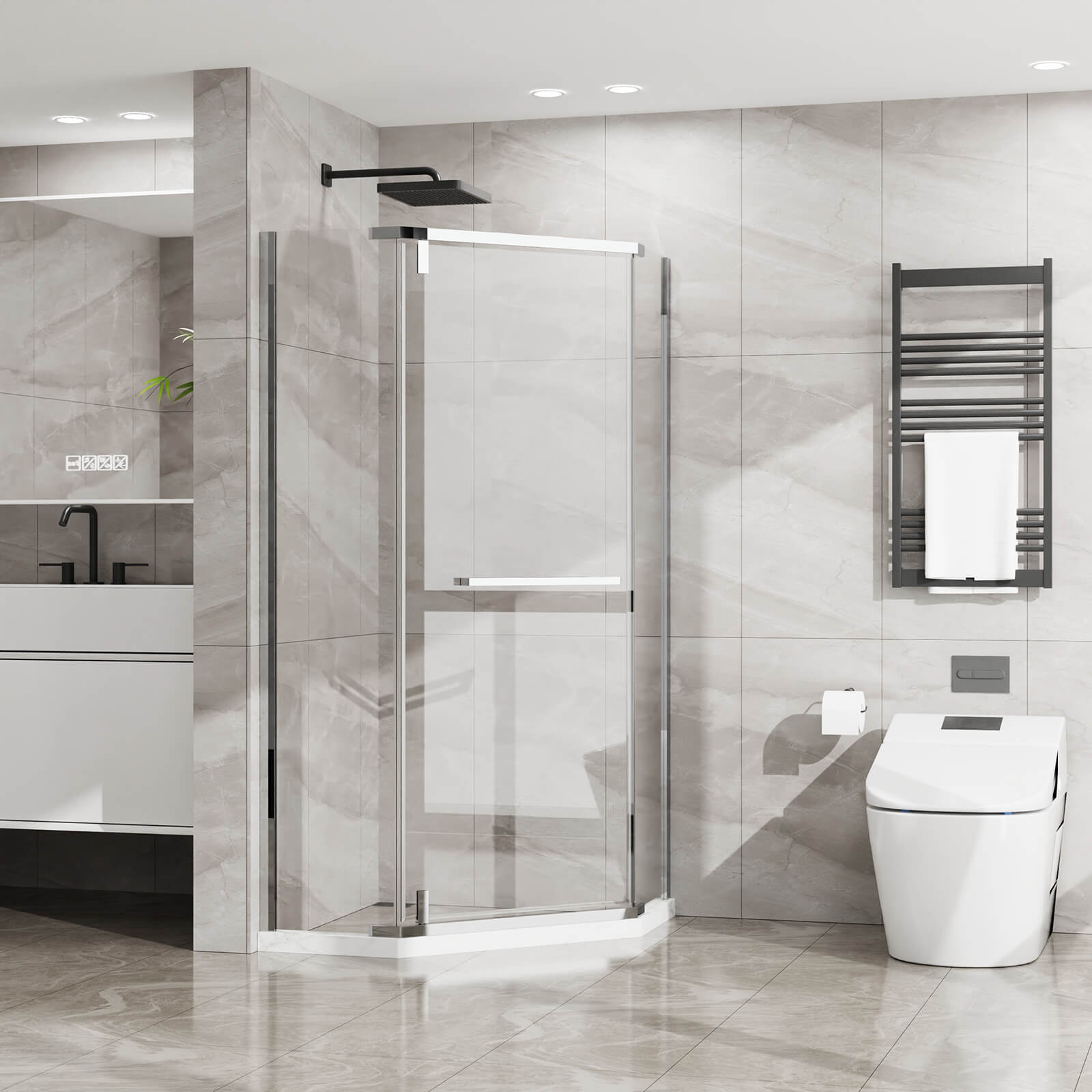 Durable and sleek corner shower with fingerprint resistant black finish