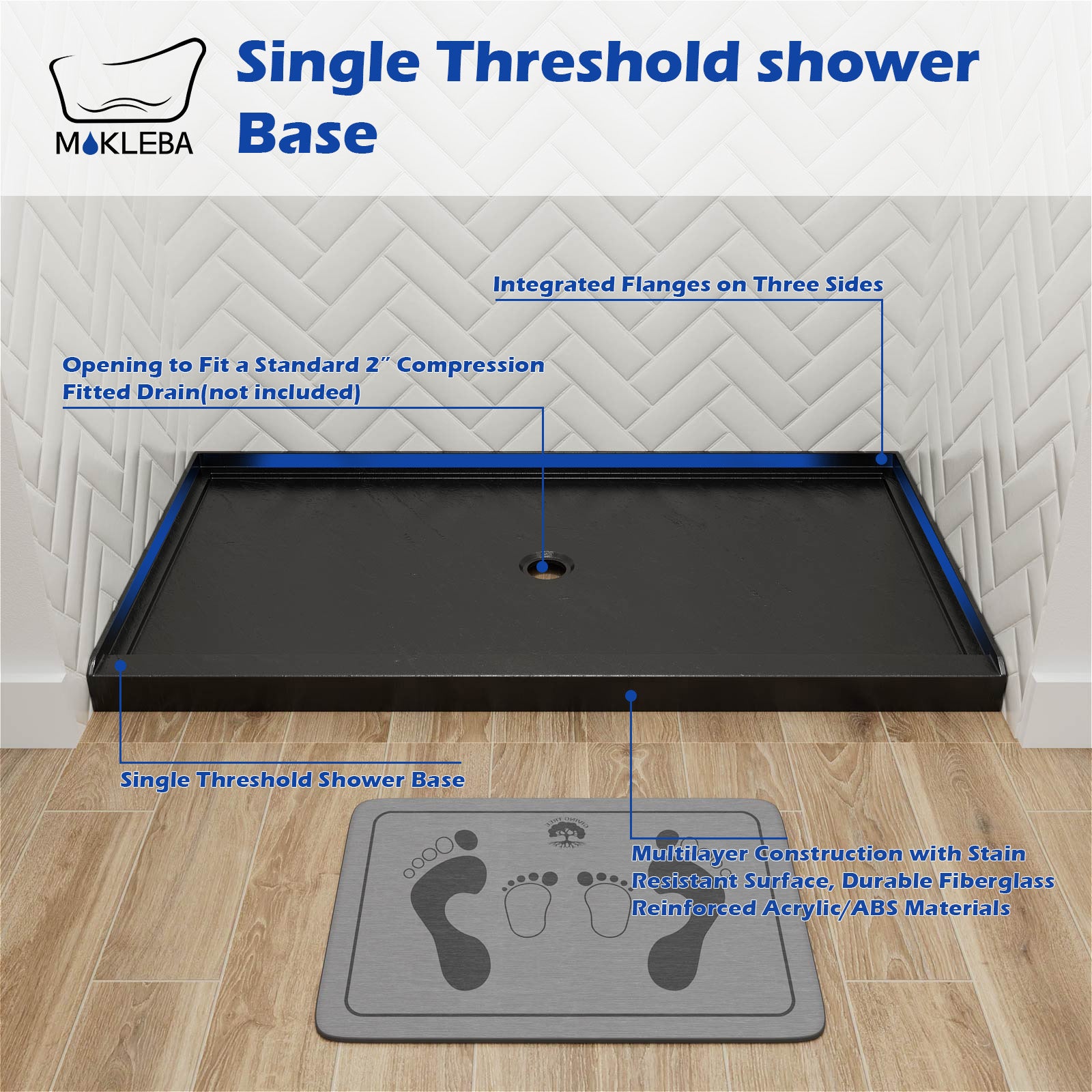 Durable fiberglass reinforced black shower pan