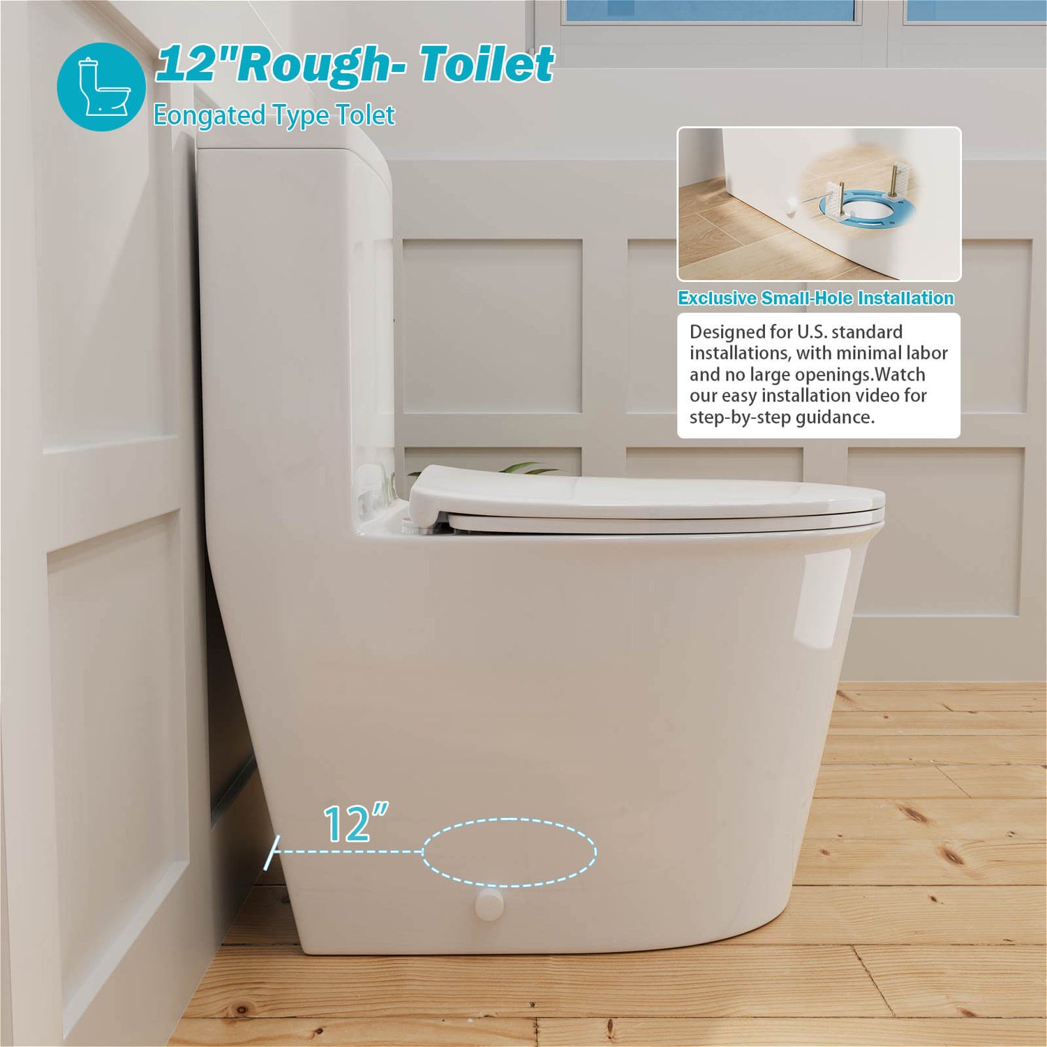 Durable one piece skirted toilet with standard installation
