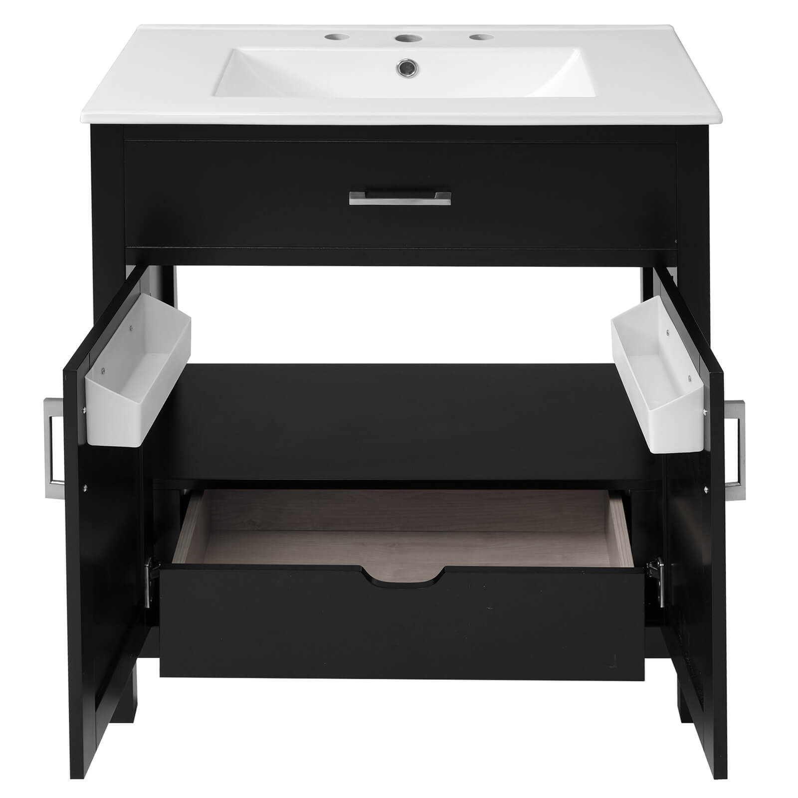 Durable black silk finish vanity with soft-close cabinet doors