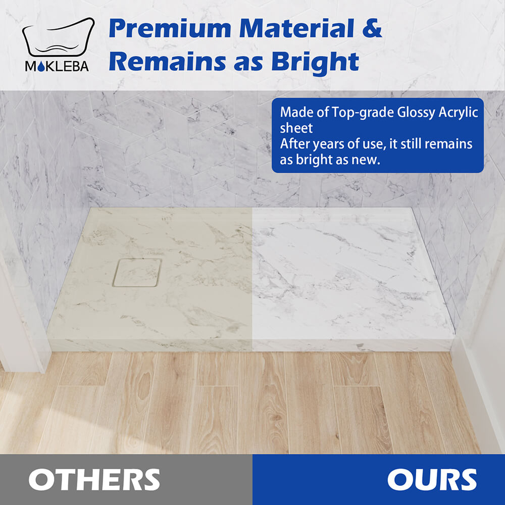 Durable shower base built with reinforced acrylic and engineered stone composite material