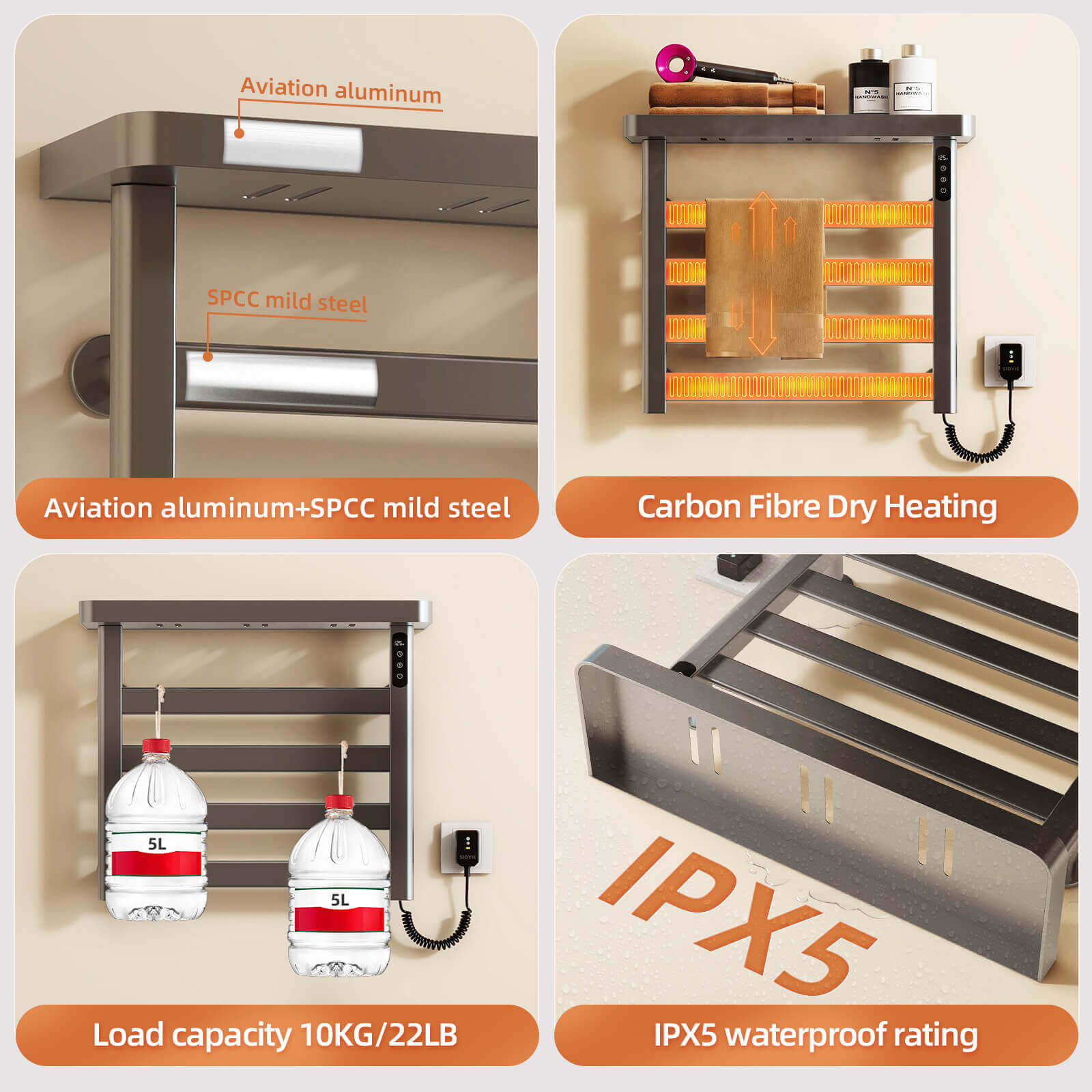 Efficient heating rods on G50 Gray Heated Towel Rack