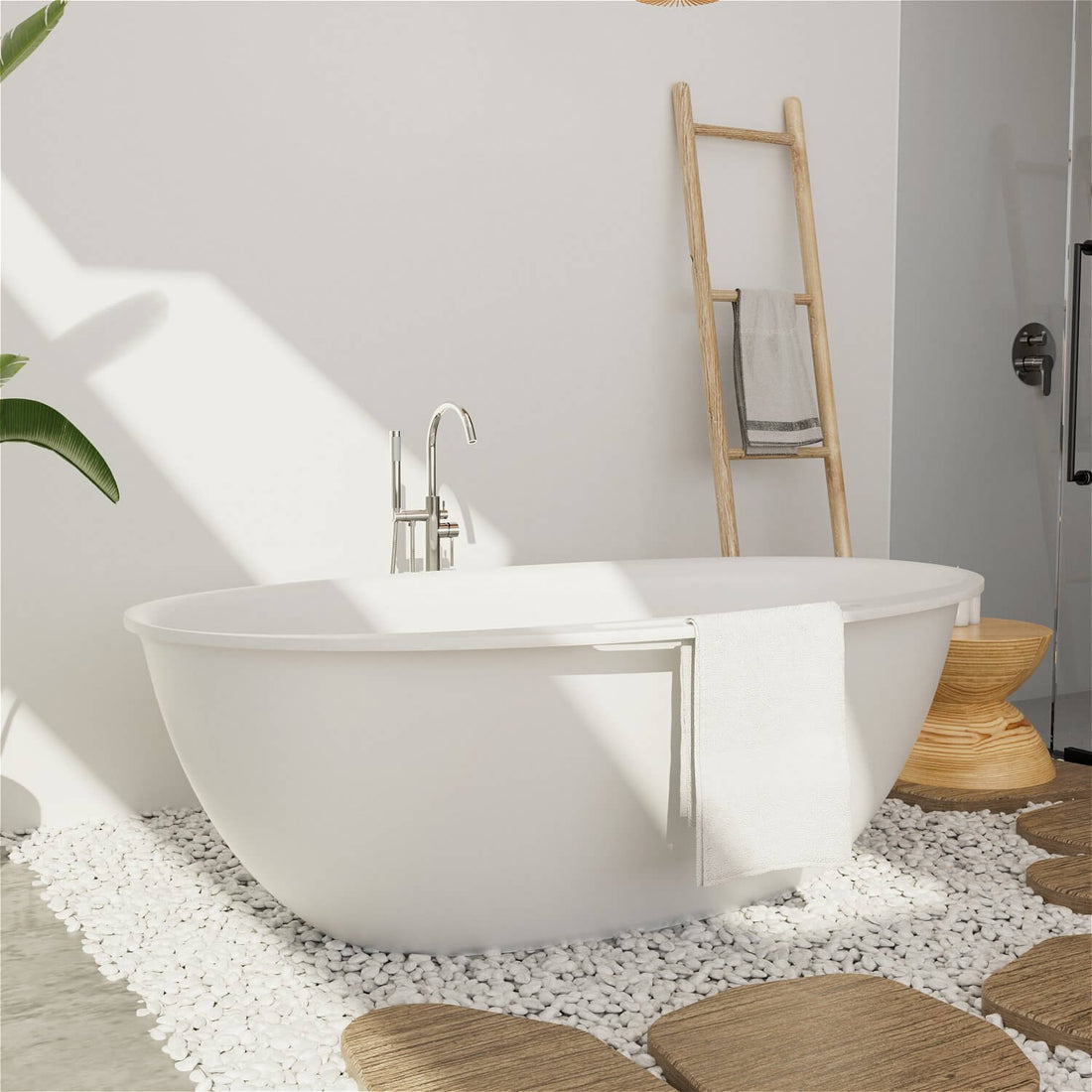 Elegant 67 in solid surface soaking tub with smooth matte white finish and towel rack