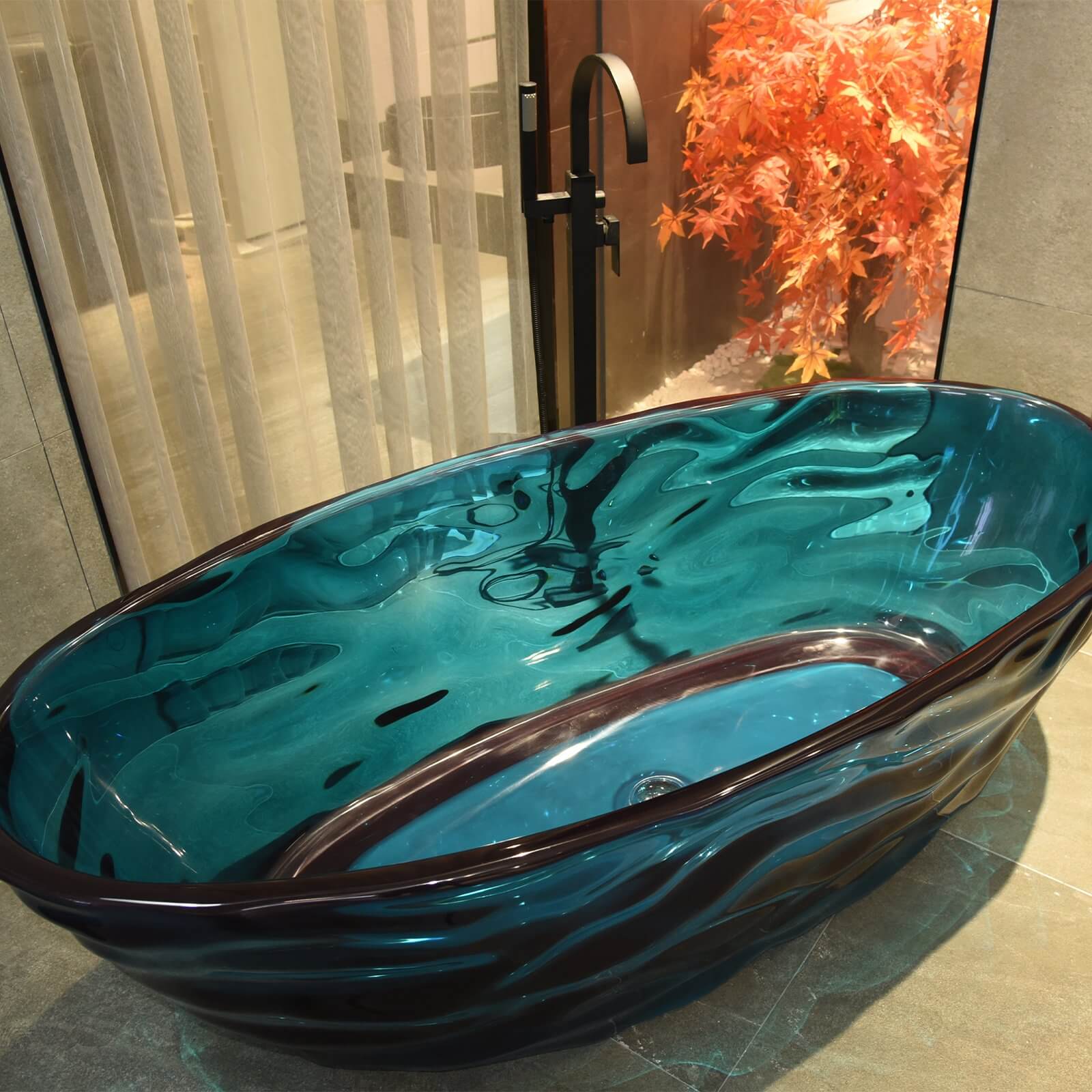 Elegant 67 inch freestanding bathtub made of high quality transparent resin with mesmerizing light effects